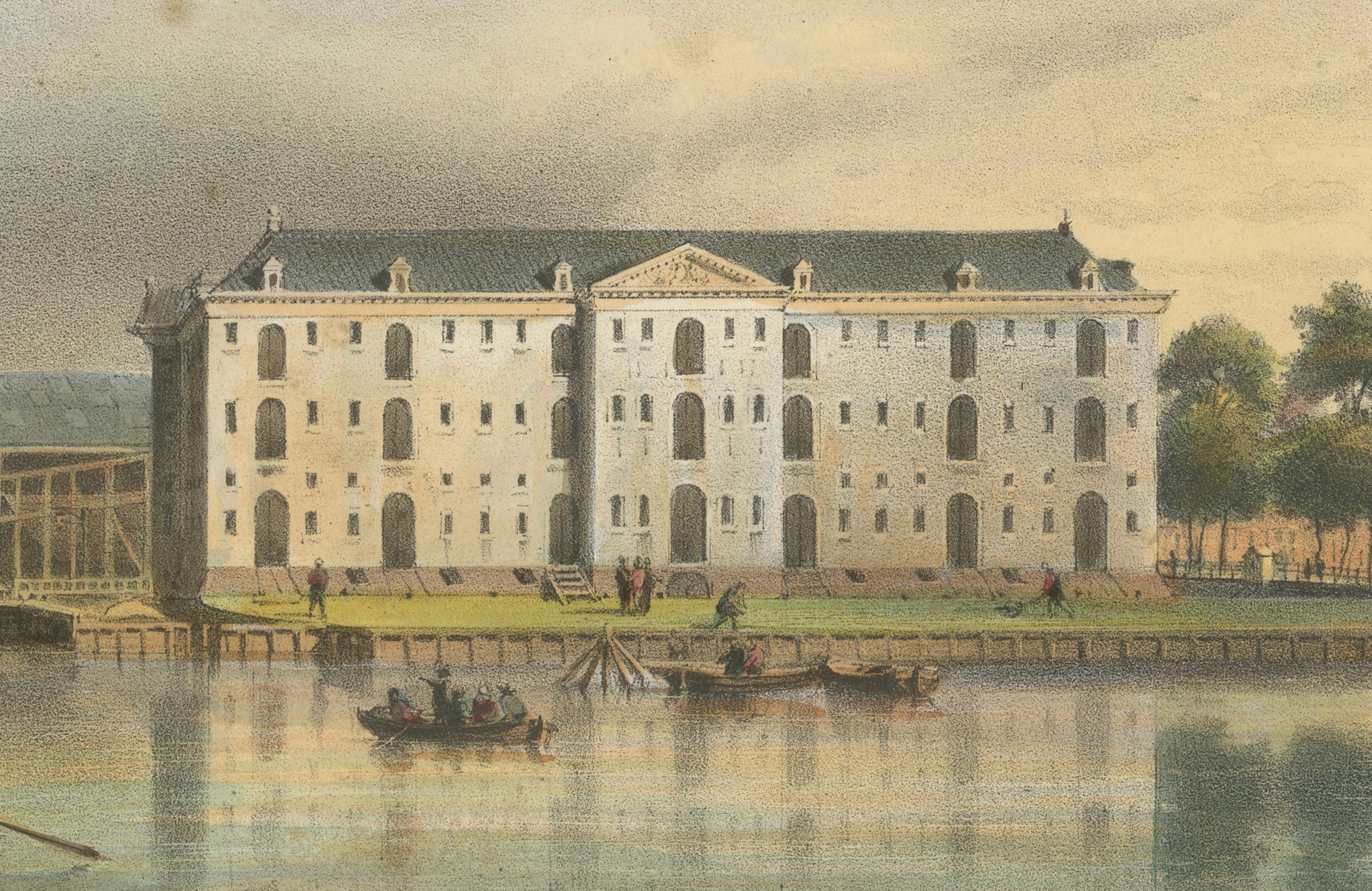 Antike Ansicht des Amsterdamer Marine Arsenals, handkolorierte Lithographie um 1850 (Papier) im Angebot
