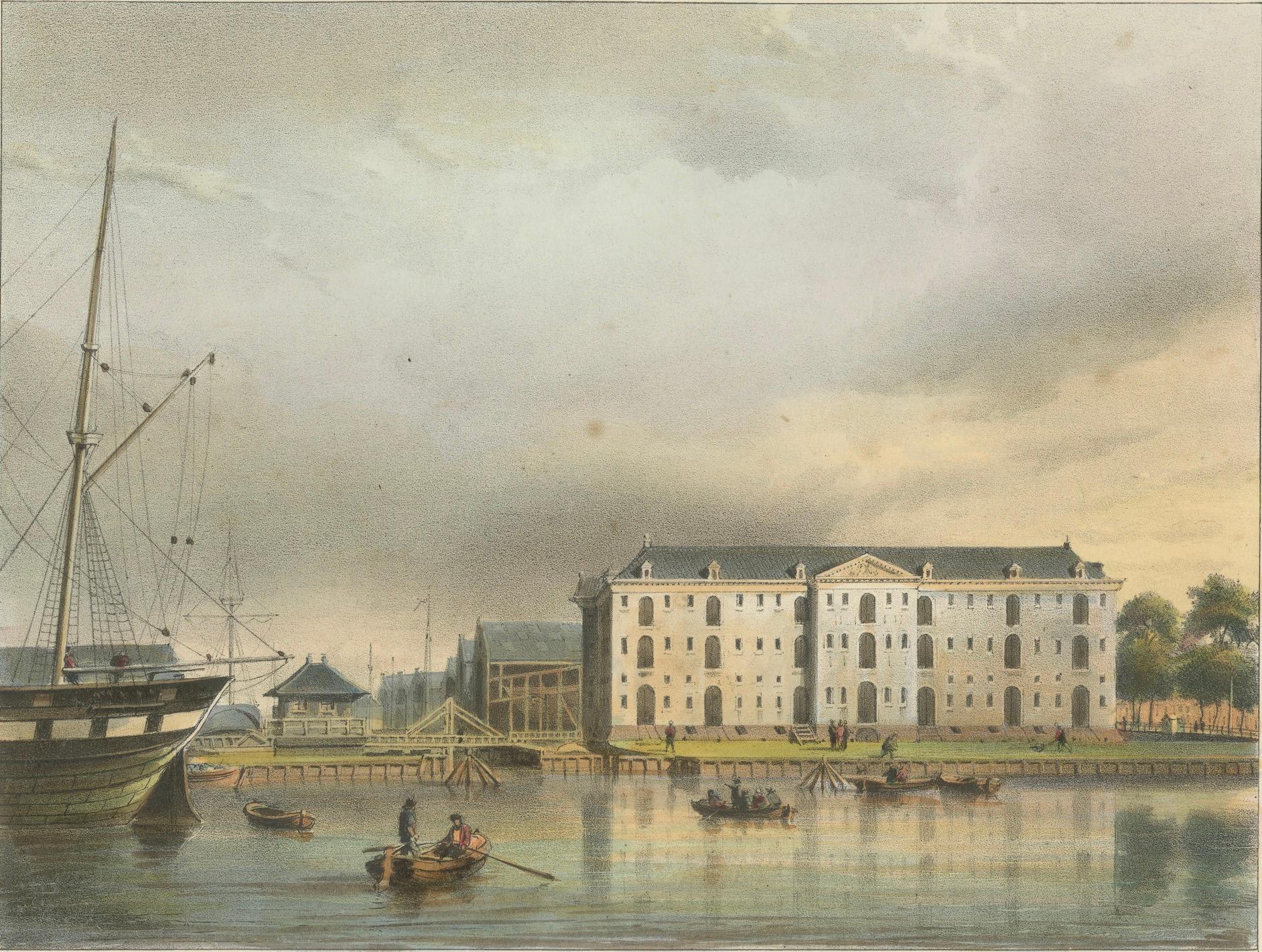Antike Ansicht des Amsterdamer Marine Arsenals, handkolorierte Lithographie um 1850 im Angebot 1
