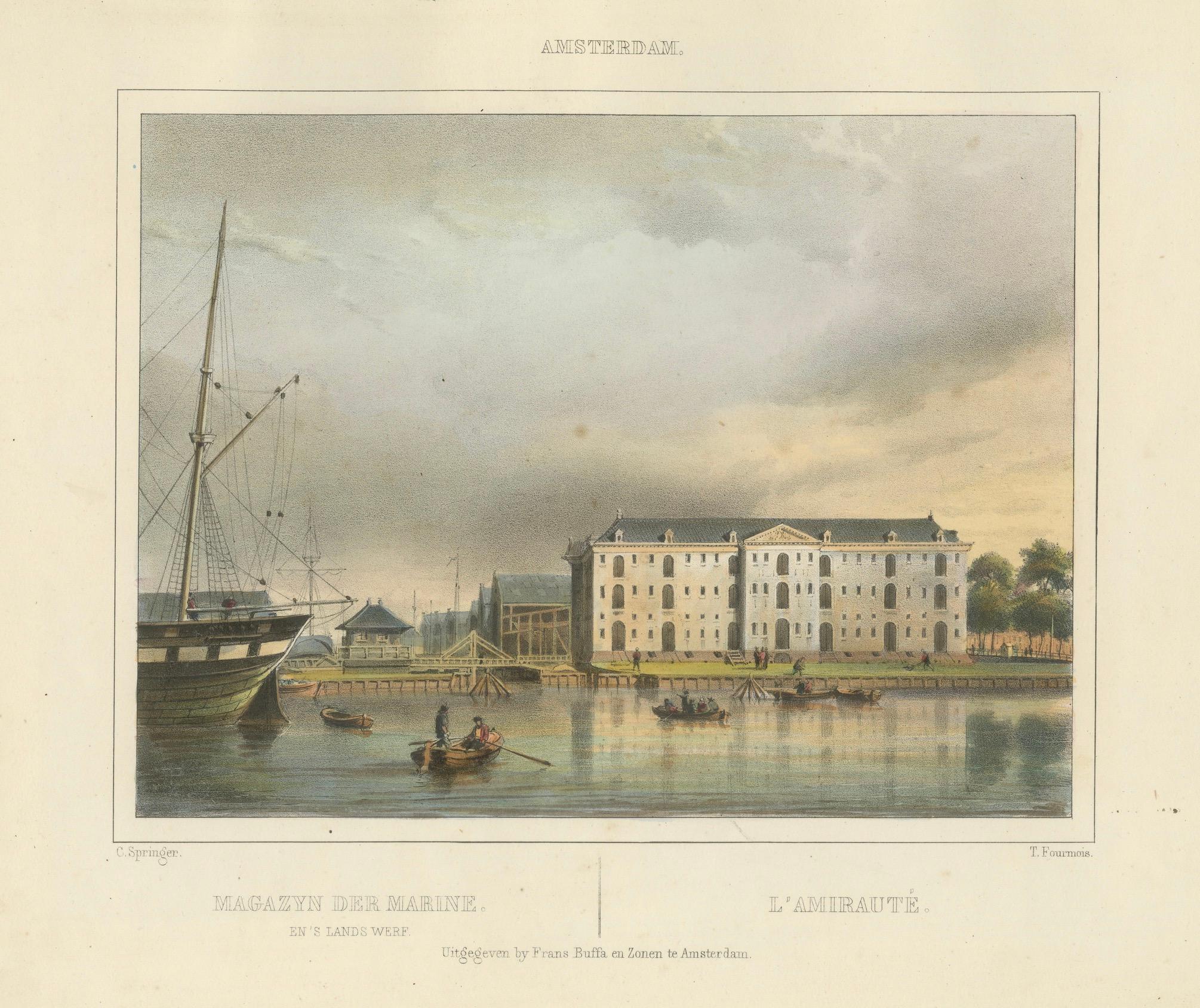 Antike Ansicht des Amsterdamer Marine Arsenals, handkolorierte Lithographie um 1850 im Angebot 2