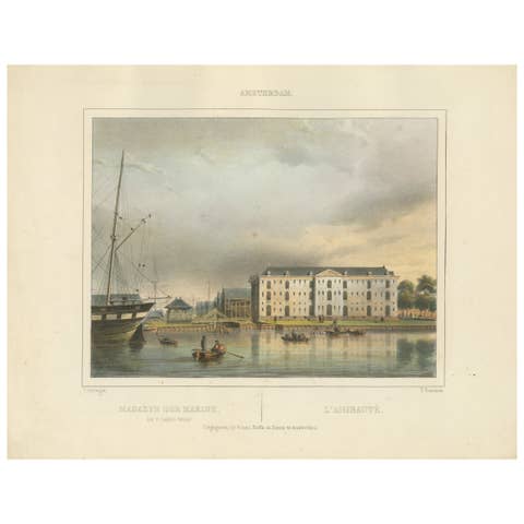Antique View of Amsterdam Naval Arsenal, Hand-Colored Lithograph c.1850