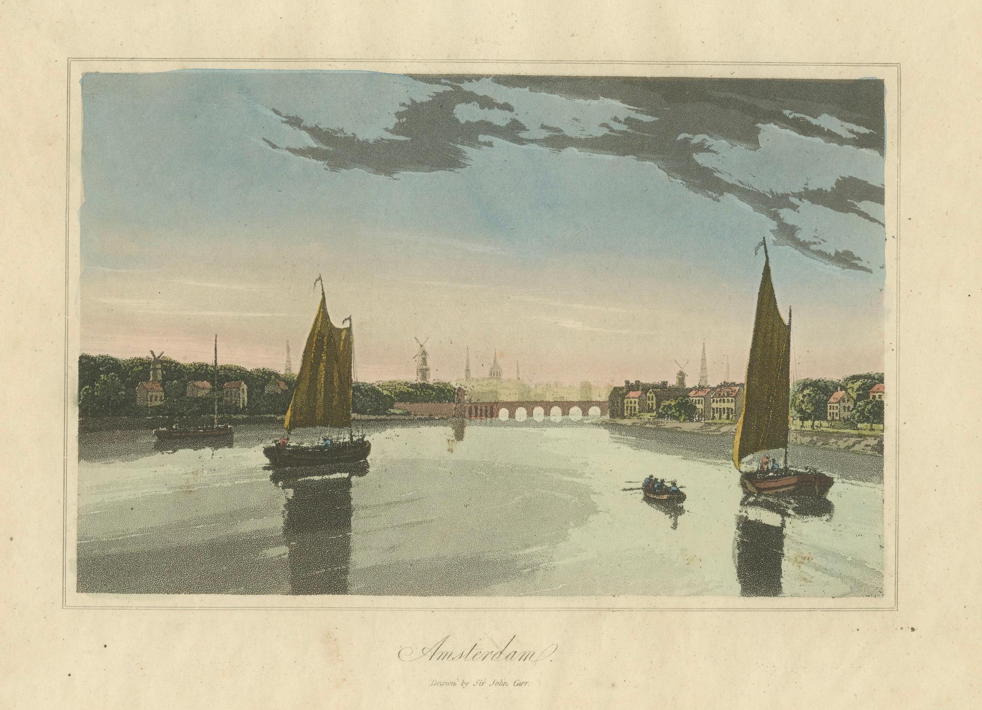 Antique View of Amsterdam with Sailing Boats, Hand-Colored Print c.1818

This beautifully hand-colored engraving titled 'Amsterdam' offers a serene and atmospheric view of the Dutch capital as seen from the IJ river, featuring classic sailing