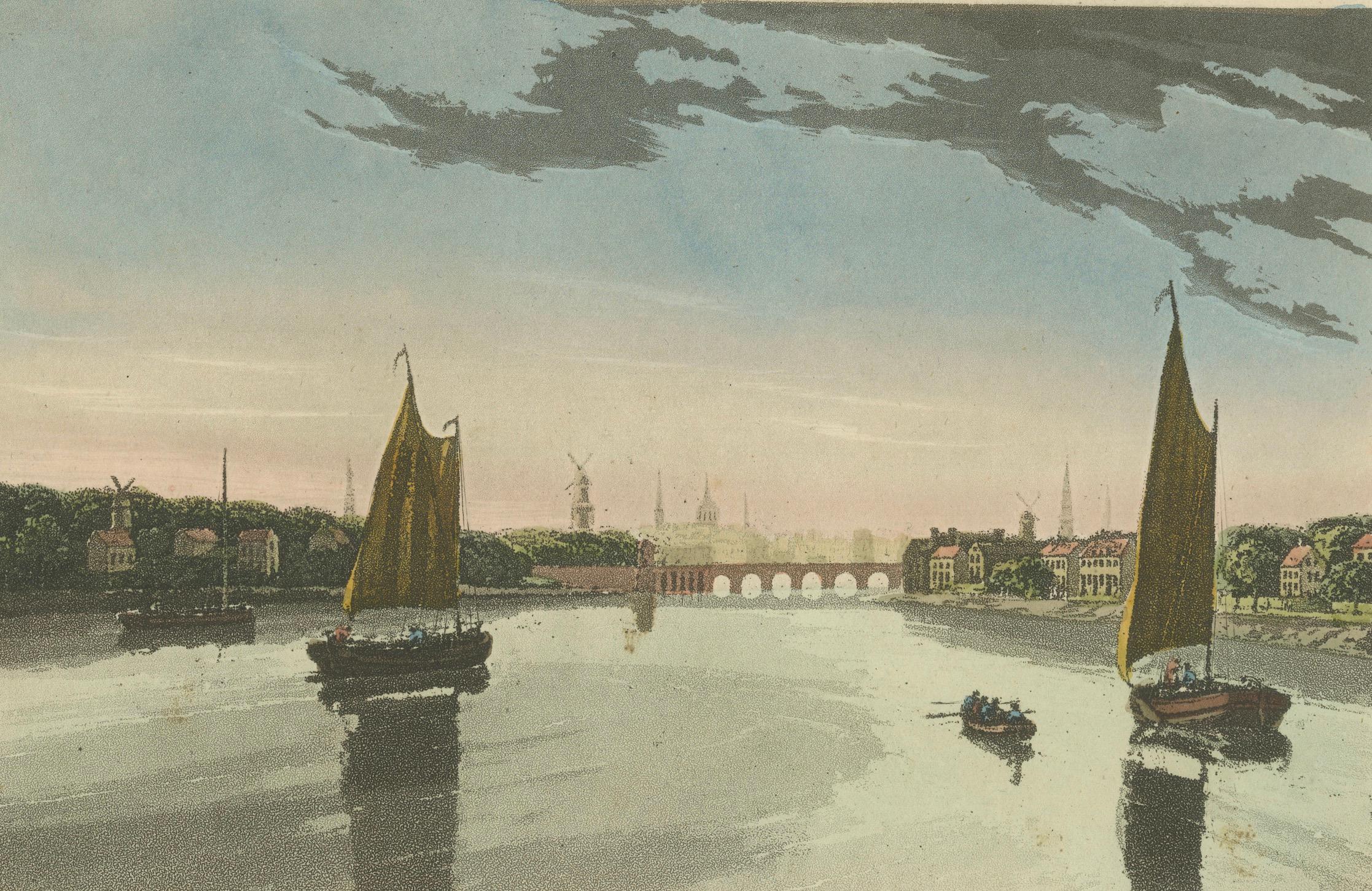 Antique View of Amsterdam with Sailing Boats, Hand-Colored Print c.1818 In Good Condition For Sale In Langweer, NL
