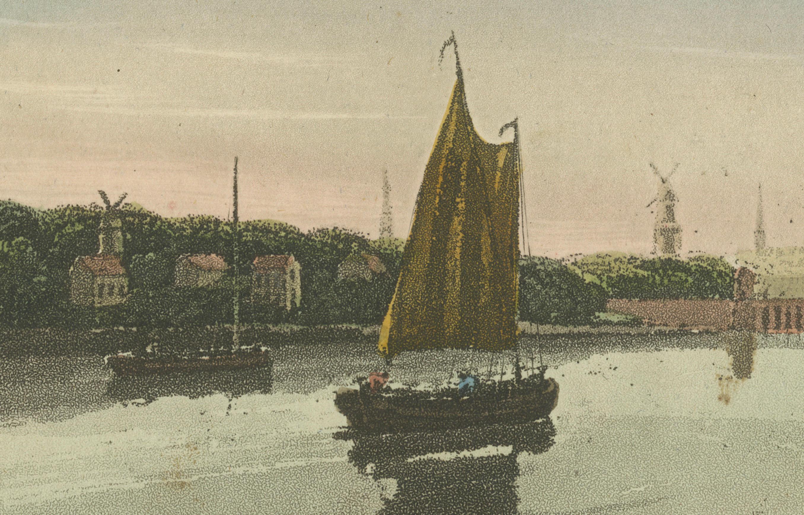 19th Century Antique View of Amsterdam with Sailing Boats, Hand-Colored Print c.1818 For Sale