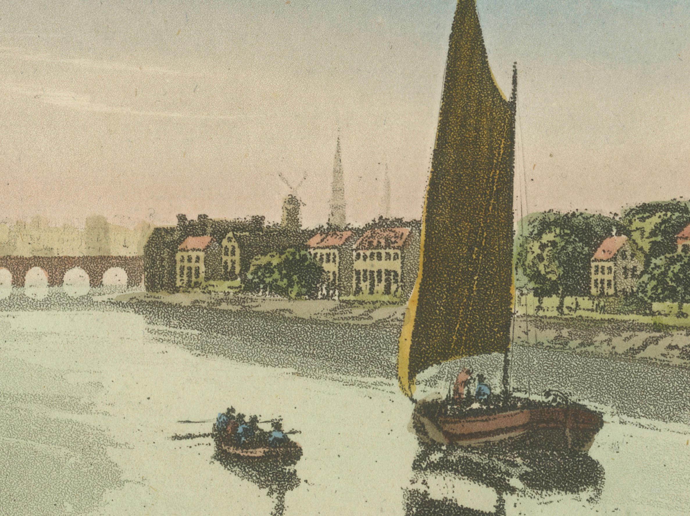Paper Antique View of Amsterdam with Sailing Boats, Hand-Colored Print c.1818 For Sale