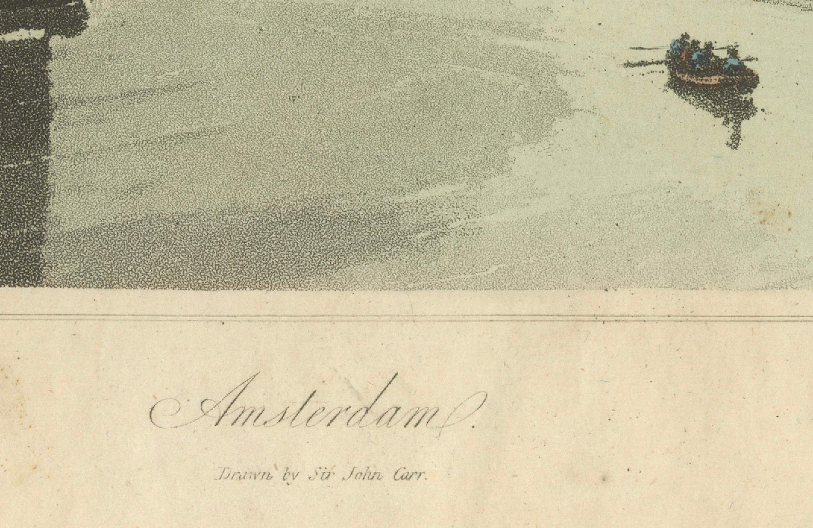 Antique View of Amsterdam with Sailing Boats, Hand-Colored Print c.1818 For Sale 1