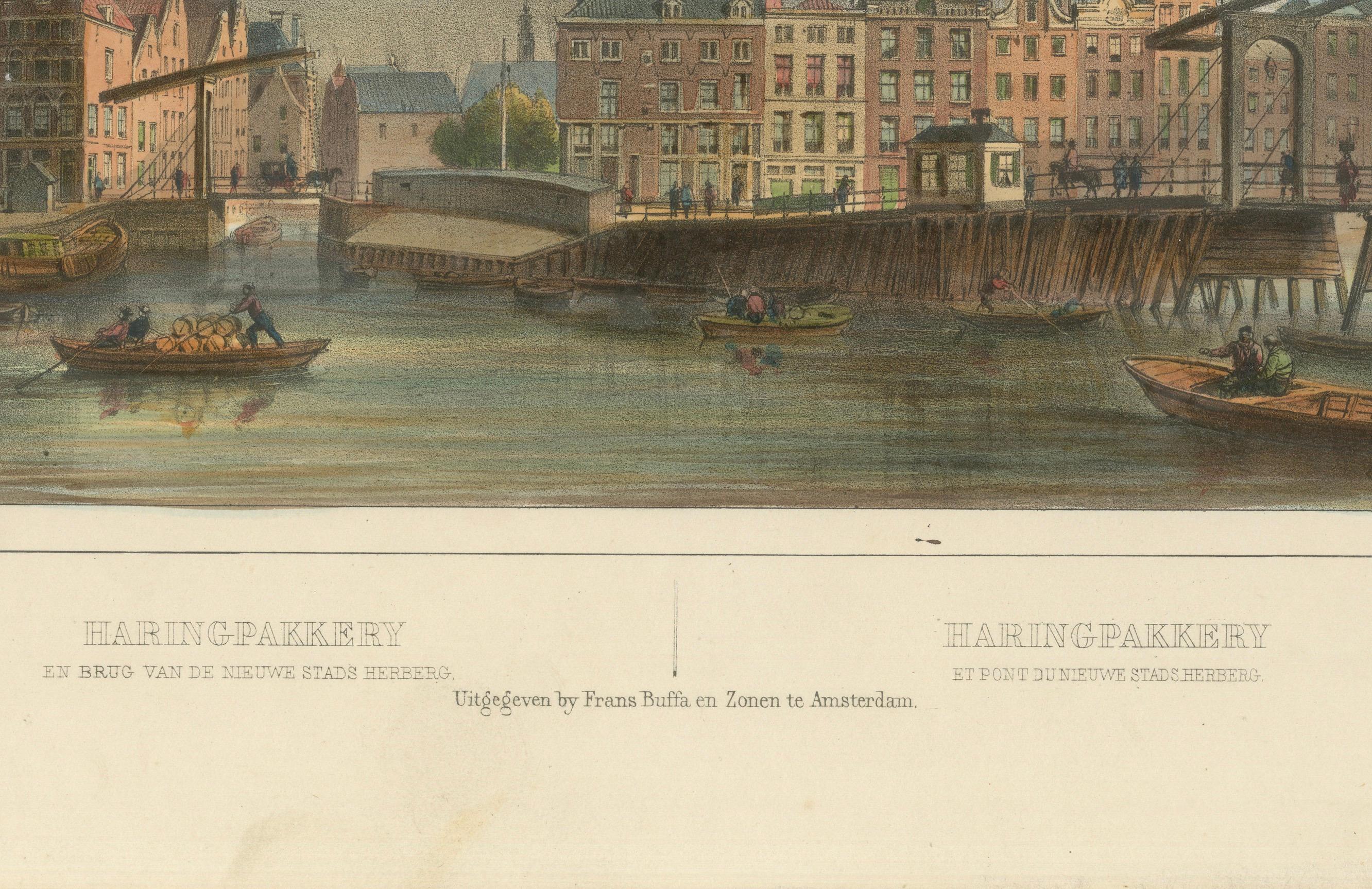Antique View of Amsterdam’s Haringpakkerij and Nieuwe Stadsherberg Bridge

Description:
This charming mid-19th-century hand-colored lithograph titled *Haringpakkerij en Brug van de Nieuwe Stadsherberg* offers a lively glimpse into the historical
