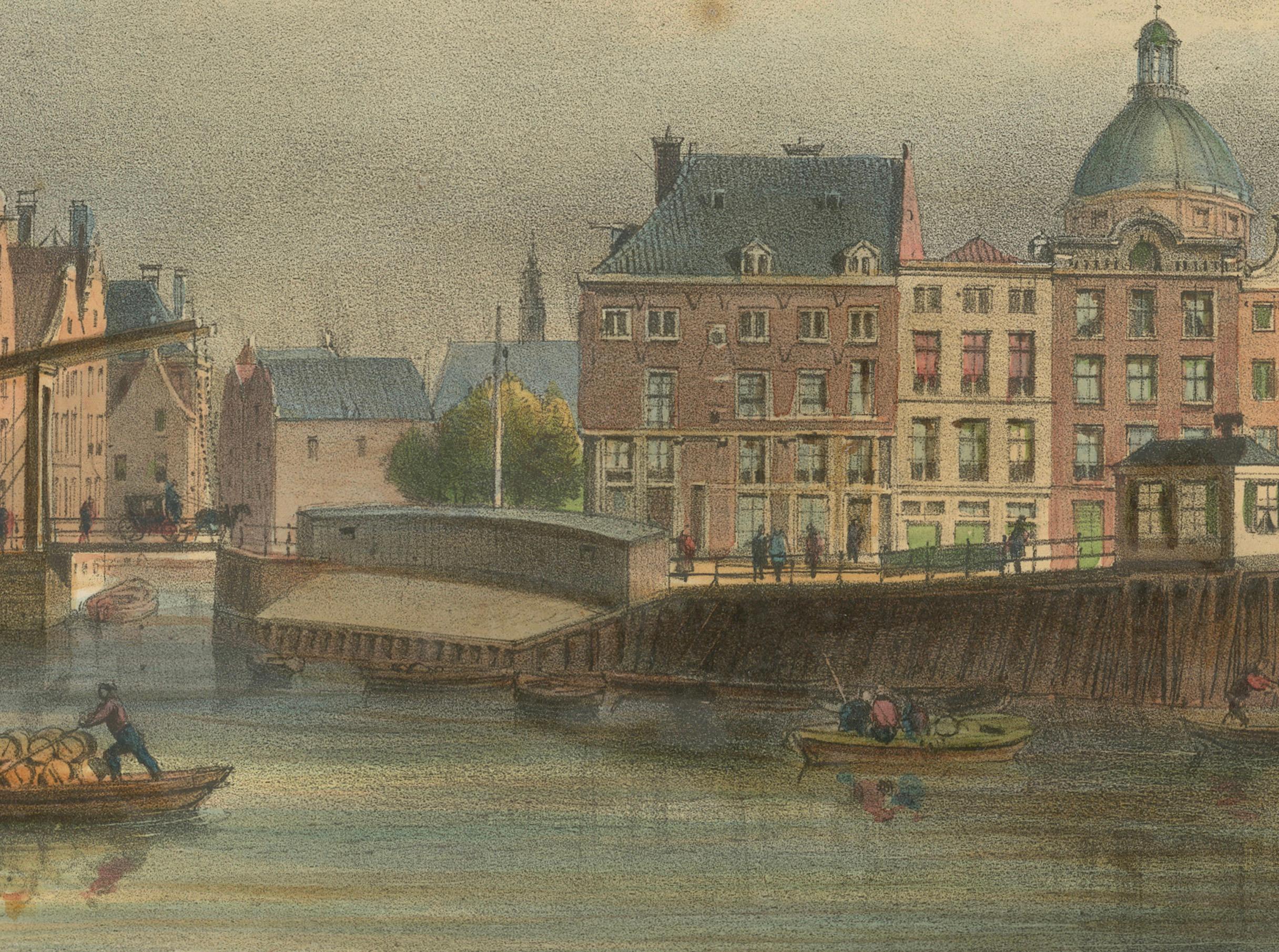 Vista antica del ponte Haringpakkerij e Nieuwe Stadsherberg di Amsterdam, 1850 ca. In condizioni buone in vendita a Langweer, NL