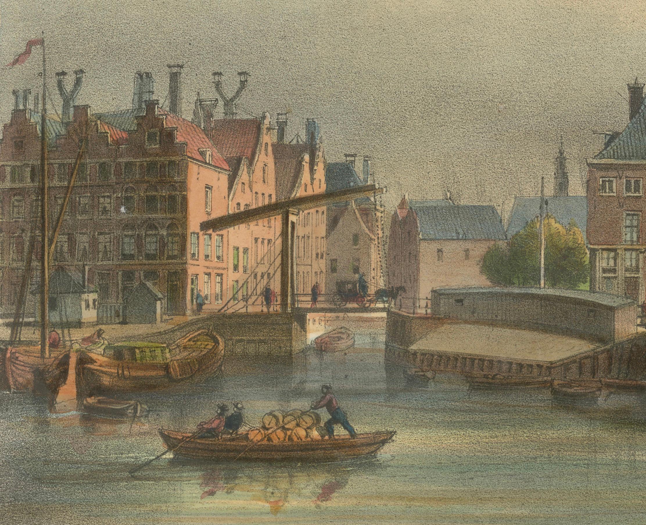 XIX secolo Vista antica del ponte Haringpakkerij e Nieuwe Stadsherberg di Amsterdam, 1850 ca. in vendita