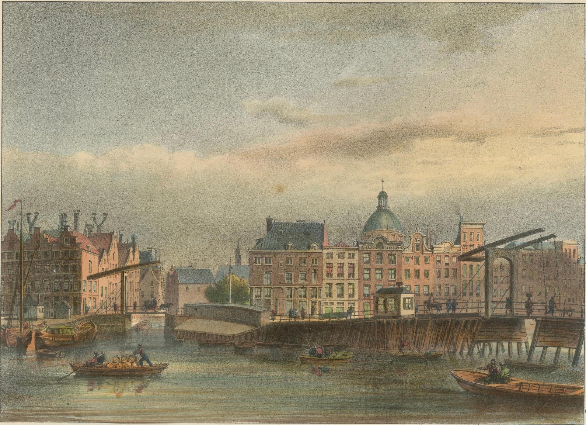 Vista antica del ponte Haringpakkerij e Nieuwe Stadsherberg di Amsterdam, 1850 ca. in vendita 1