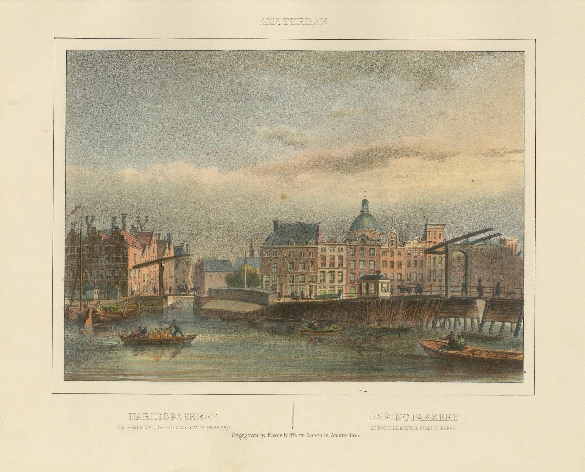 Vista antica del ponte Haringpakkerij e Nieuwe Stadsherberg di Amsterdam, 1850 ca. in vendita 2