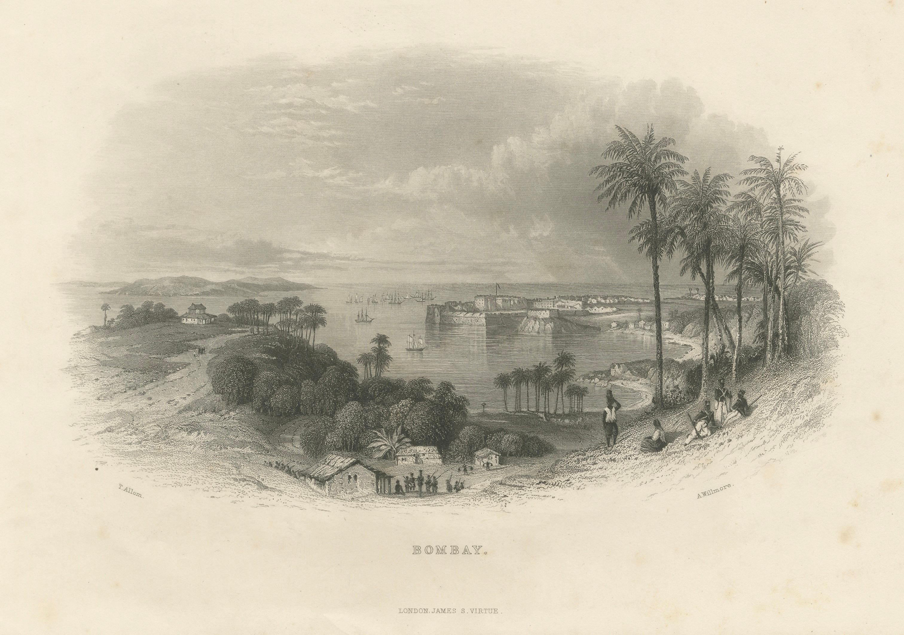 Antique View of Bombay India, Coastal Panorama, James S Virtue, c.1850