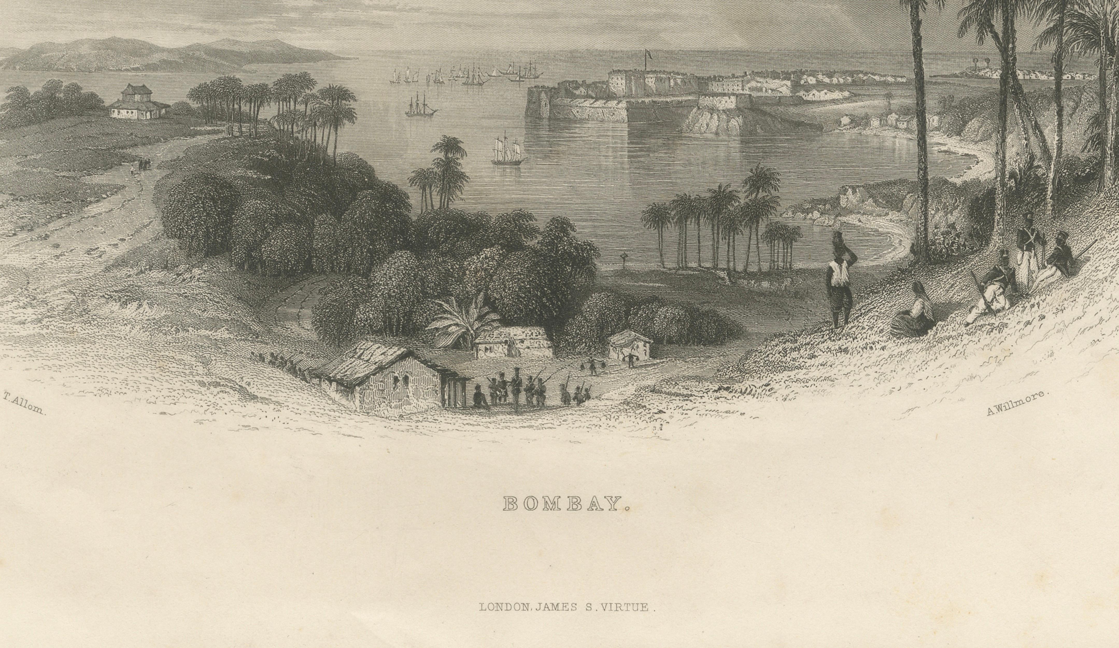 Antique View of Bombay India, Coastal Panorama, James S Virtue, c.1850