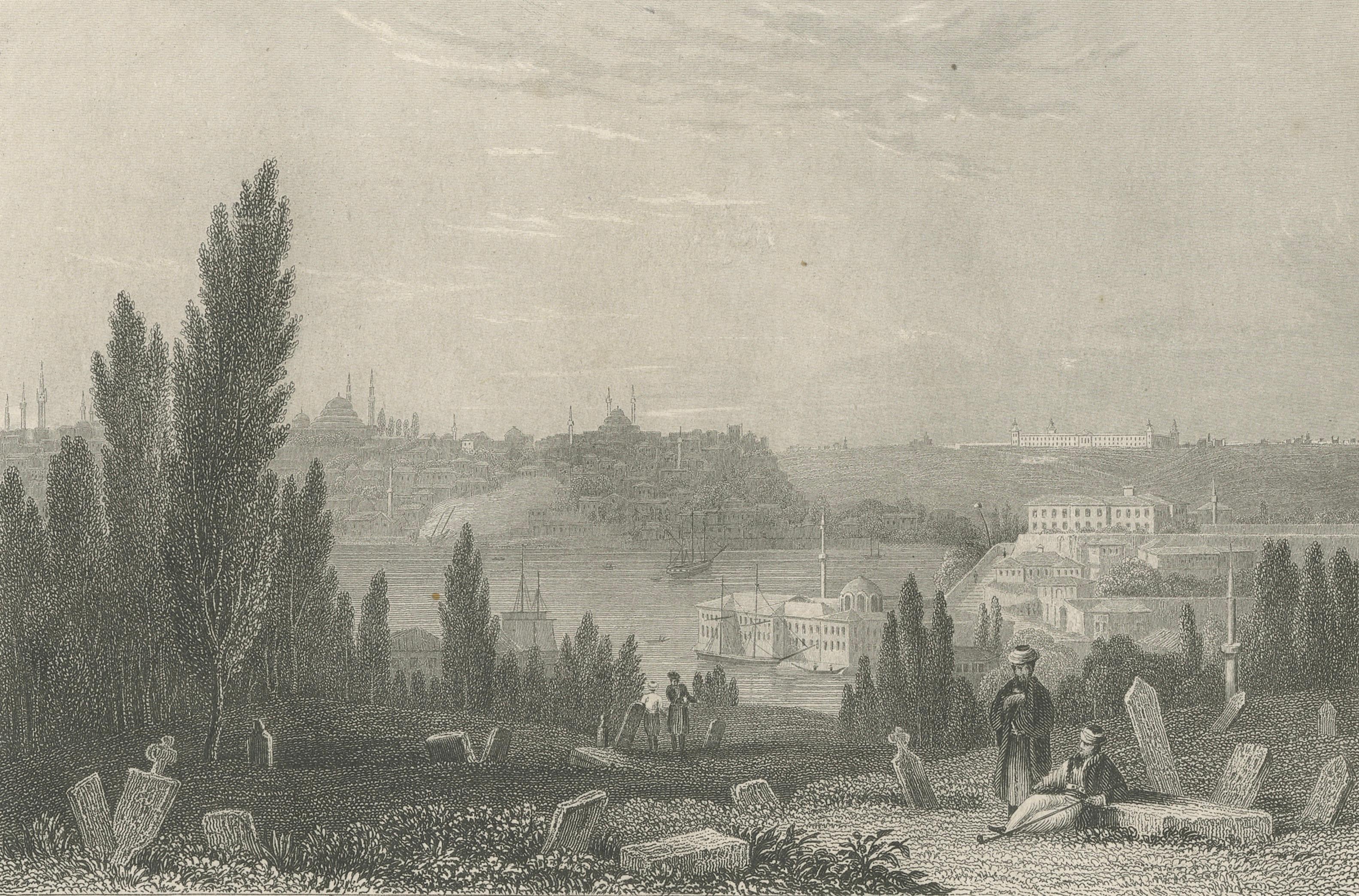 Antique View of Constantinople, Istanbul - Panorama Steel Engraving, c1850