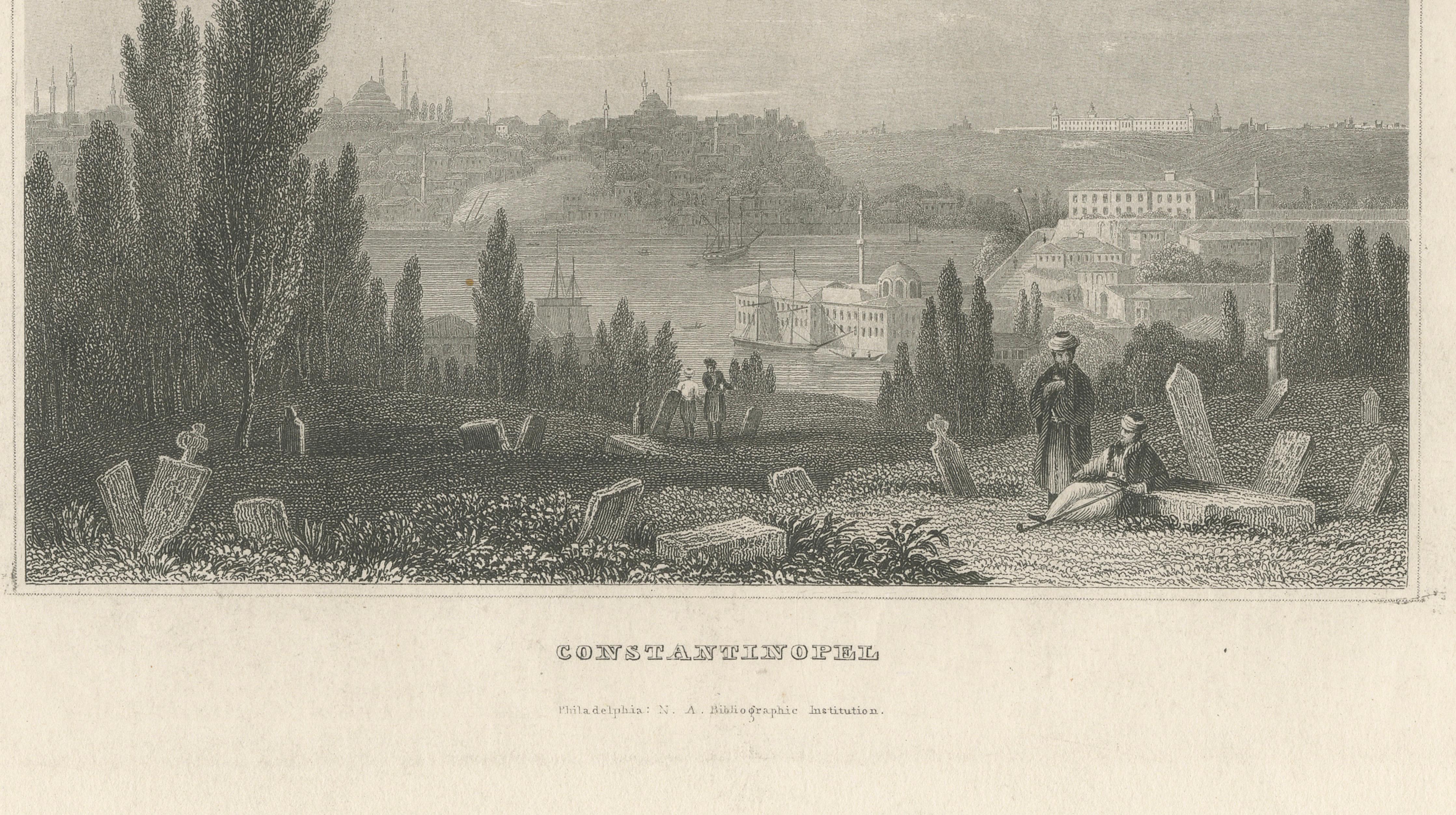 Antique View of Constantinople, Istanbul - Panorama Steel Engraving, c1850
