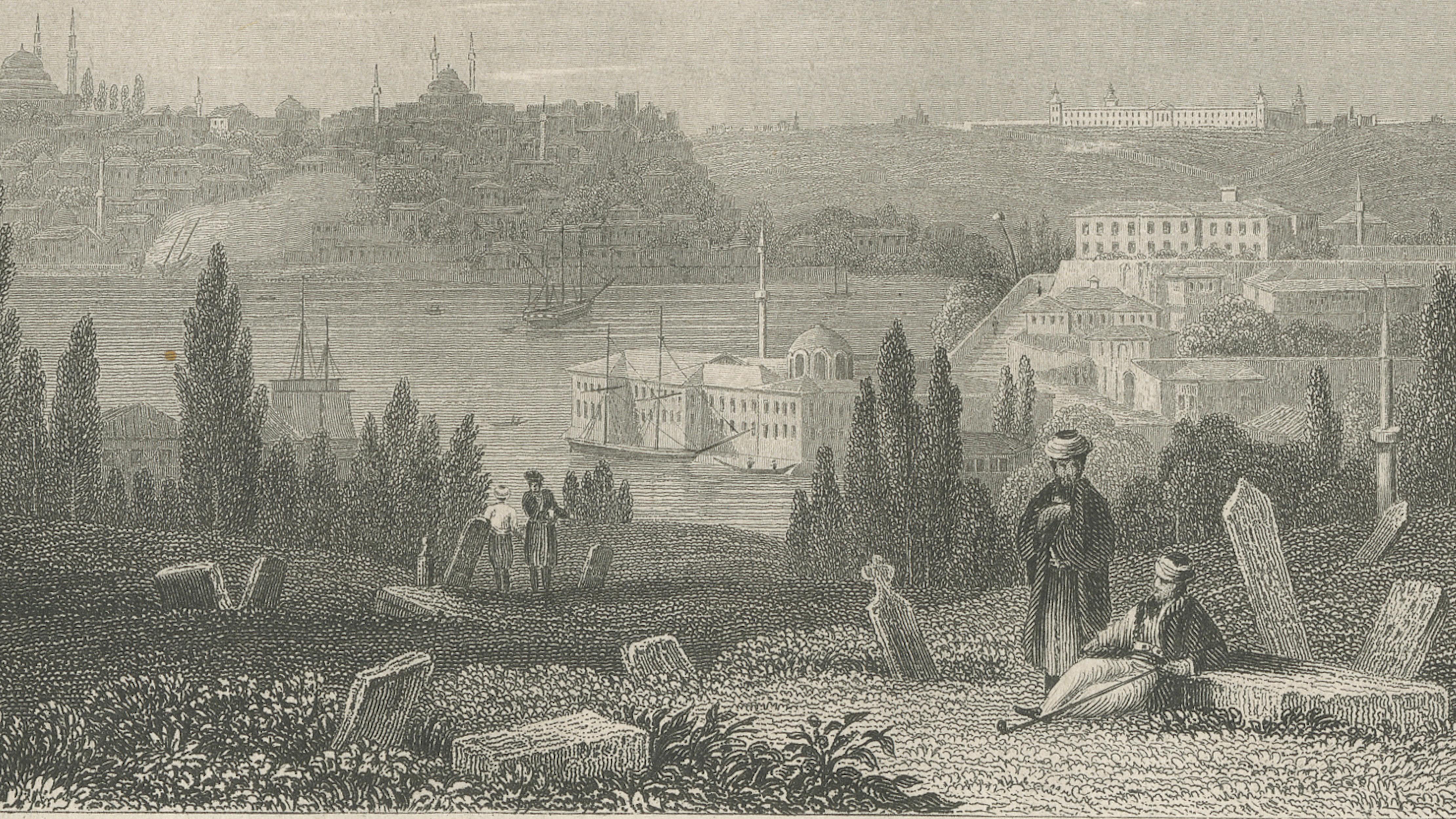 Antique View of Constantinople, Istanbul - Panorama Steel Engraving, c1850
