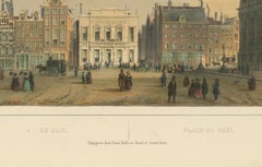 Antique View of Dam Square, Amsterdam, Hand-Colored Lithograph c.1850