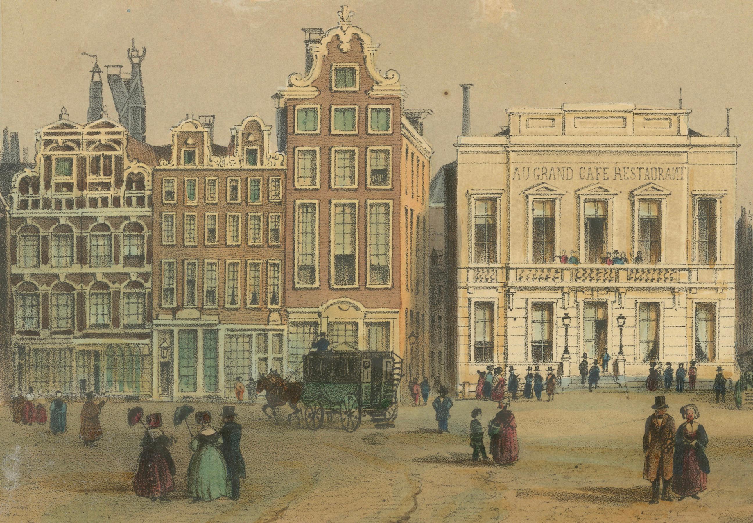 Antike Ansicht des Dam Square, Amsterdam, handkolorierte Lithographie um 1850 im Zustand „Gut“ im Angebot in Langweer, NL