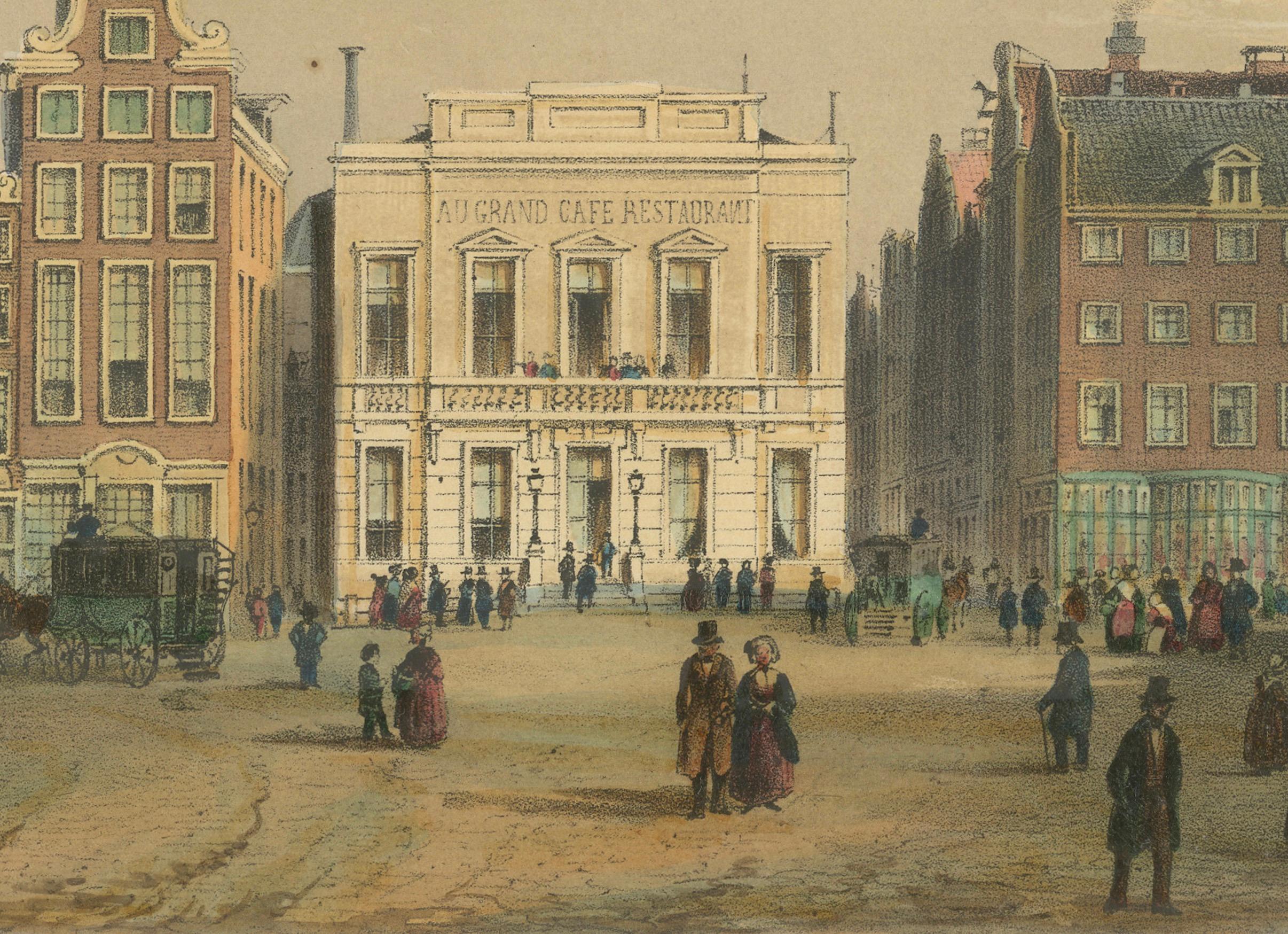 Antike Ansicht des Dam Square, Amsterdam, handkolorierte Lithographie um 1850 (19. Jahrhundert) im Angebot