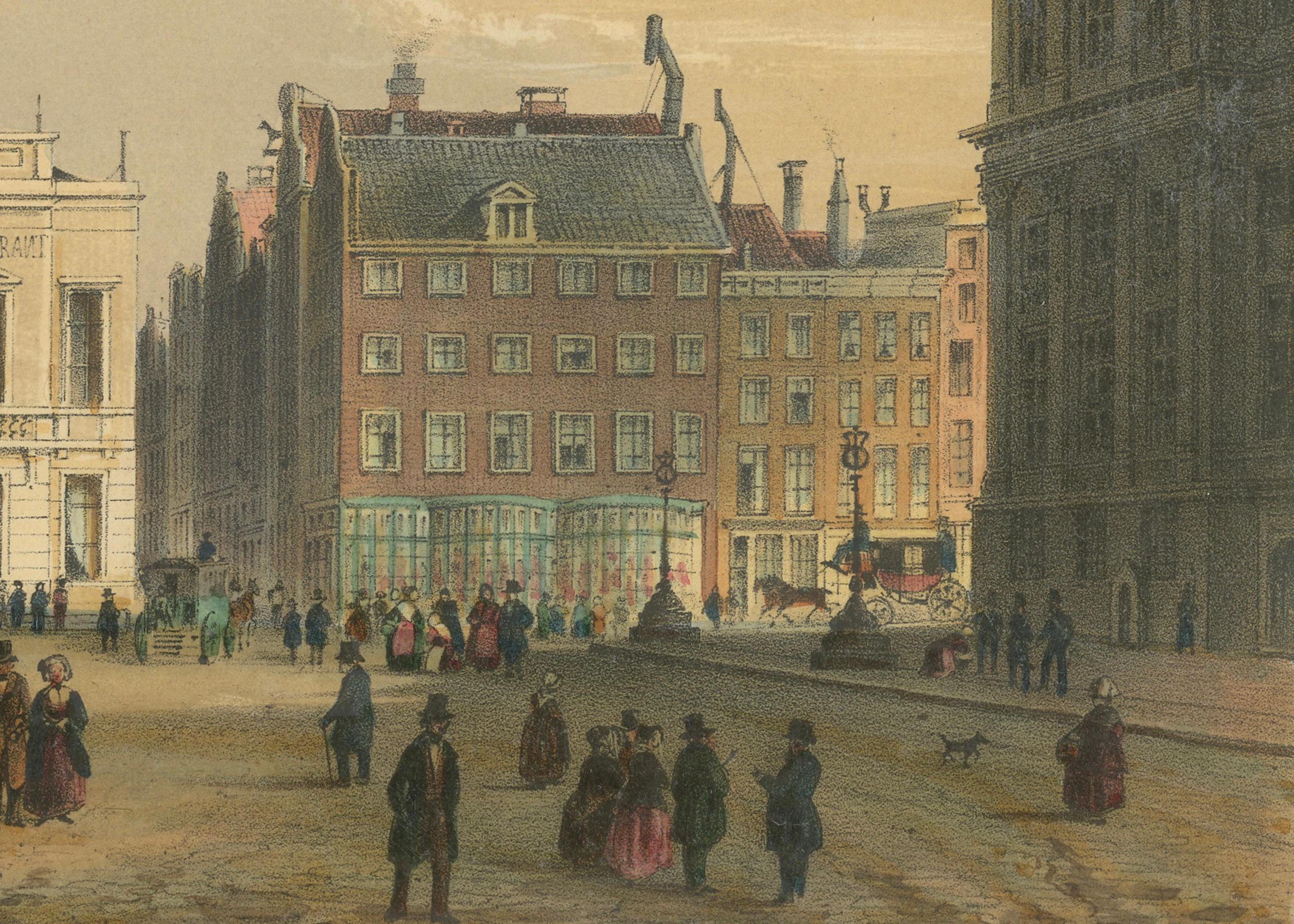 Antike Ansicht des Dam Square, Amsterdam, handkolorierte Lithographie um 1850 (Papier) im Angebot