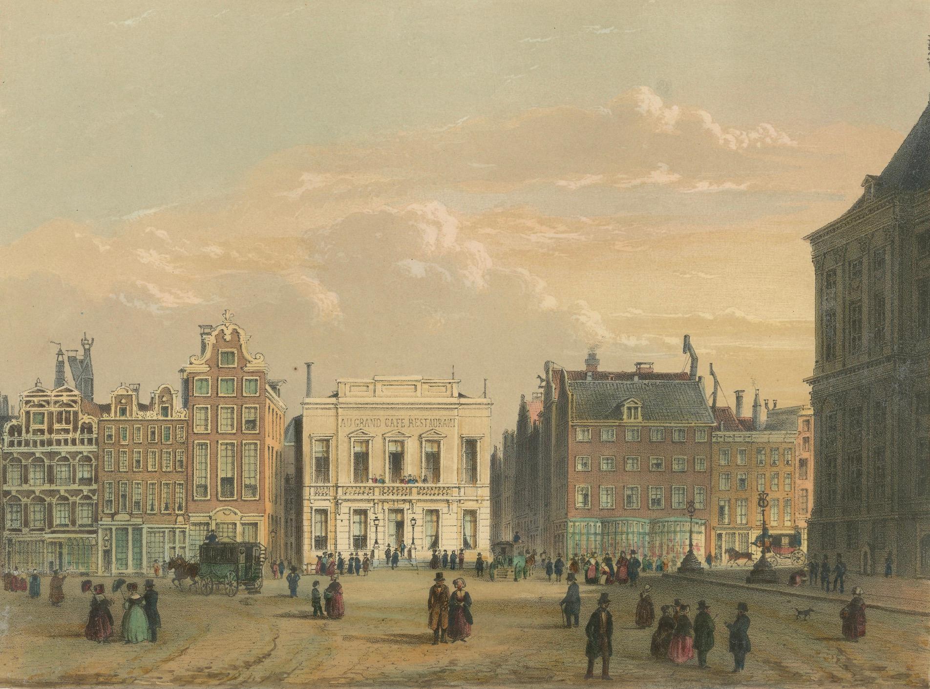 Antike Ansicht des Dam Square, Amsterdam, handkolorierte Lithographie um 1850 im Angebot 1