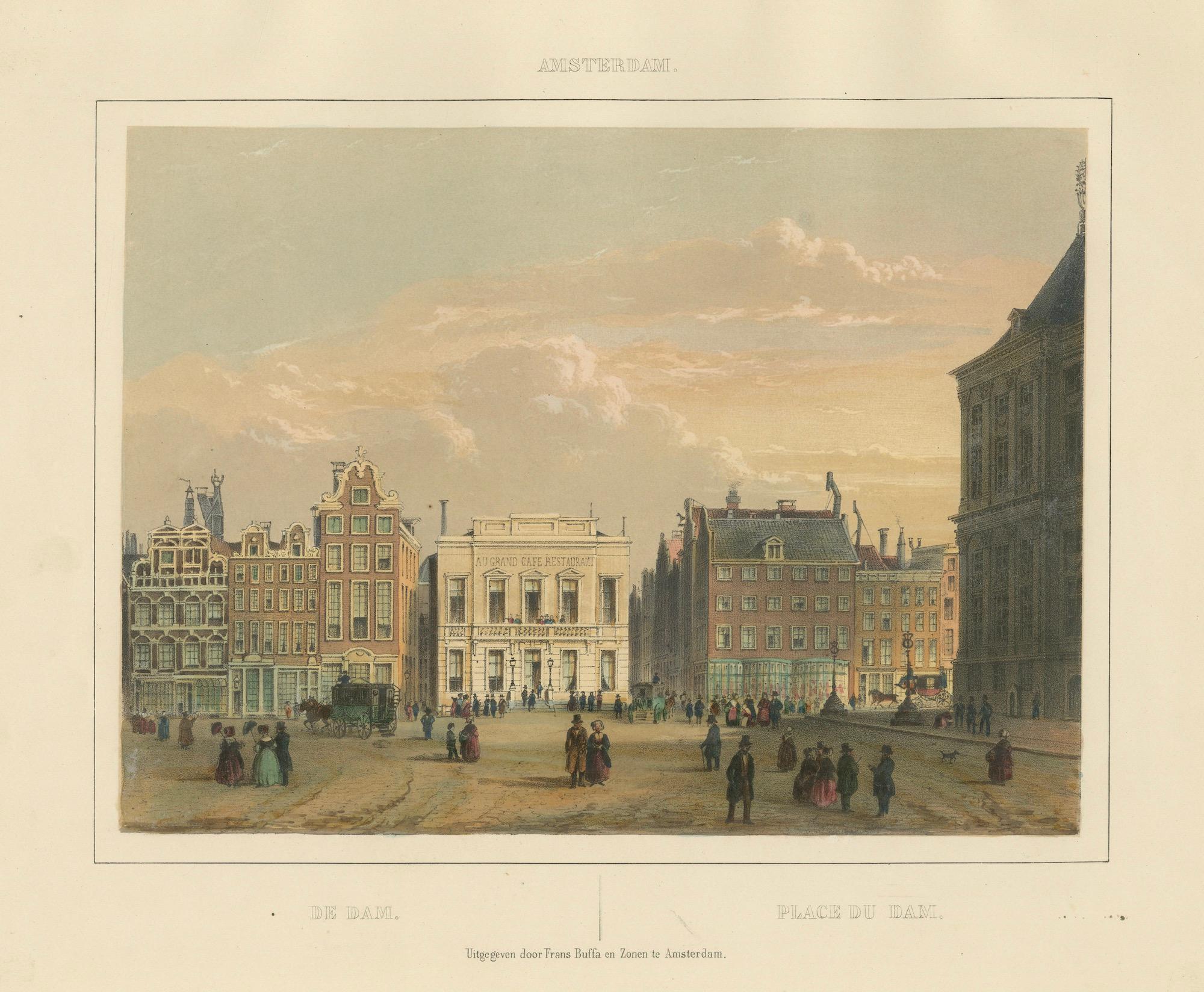 Antike Ansicht des Dam Square, Amsterdam, handkolorierte Lithographie um 1850 im Angebot 2