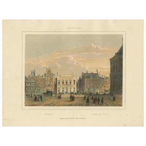 Antique View of Dam Square, Amsterdam, Hand-Colored Lithograph c.1850