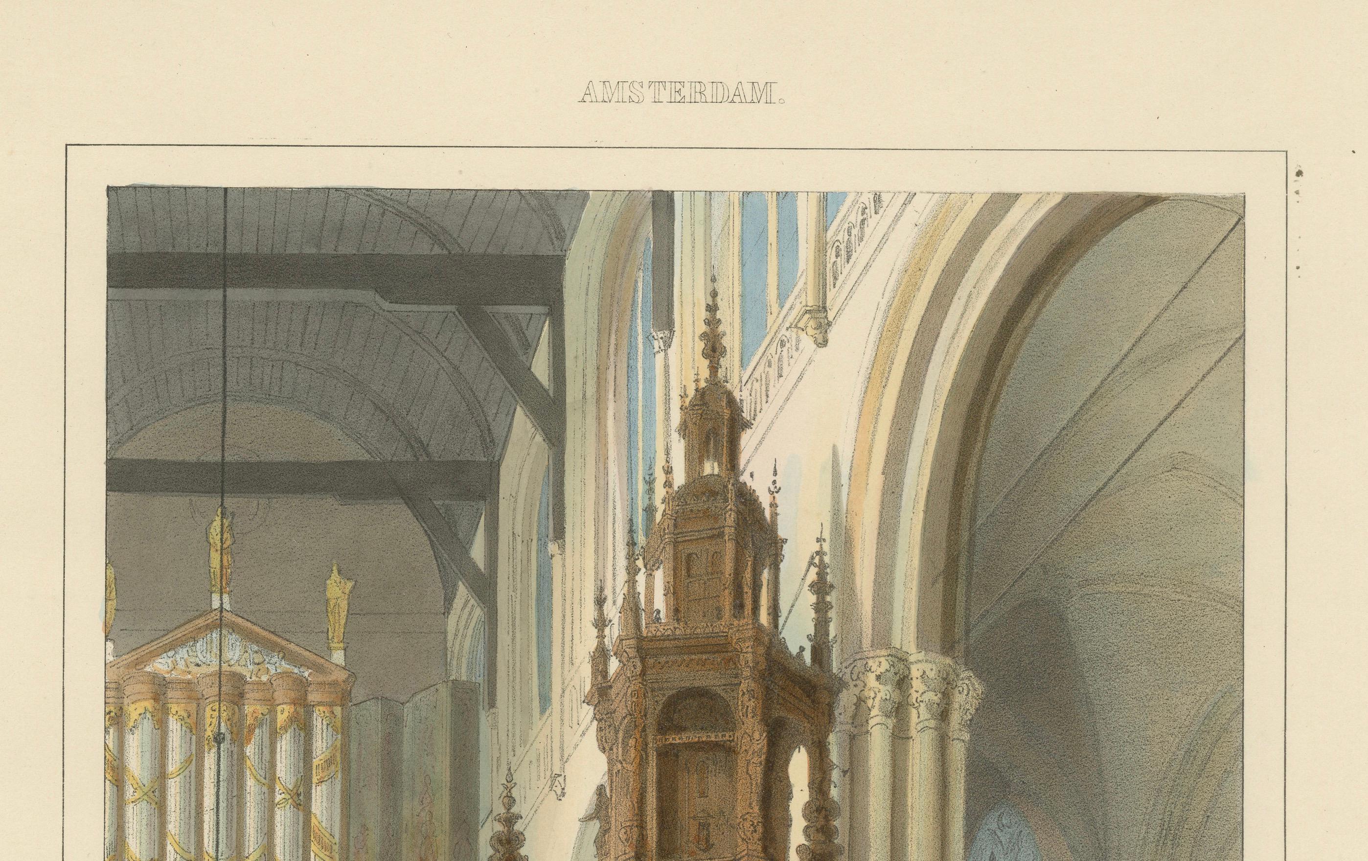 Antike Ansicht des Inneren der Nieuwe Kerk, Amsterdam, handkolorierte Lithographie

Diese atemberaubende handkolorierte Lithografie mit dem Titel 