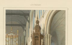 Antique View of Nieuwe Kerk Interior, Amsterdam, Hand-Colored Lithograph, c.1850