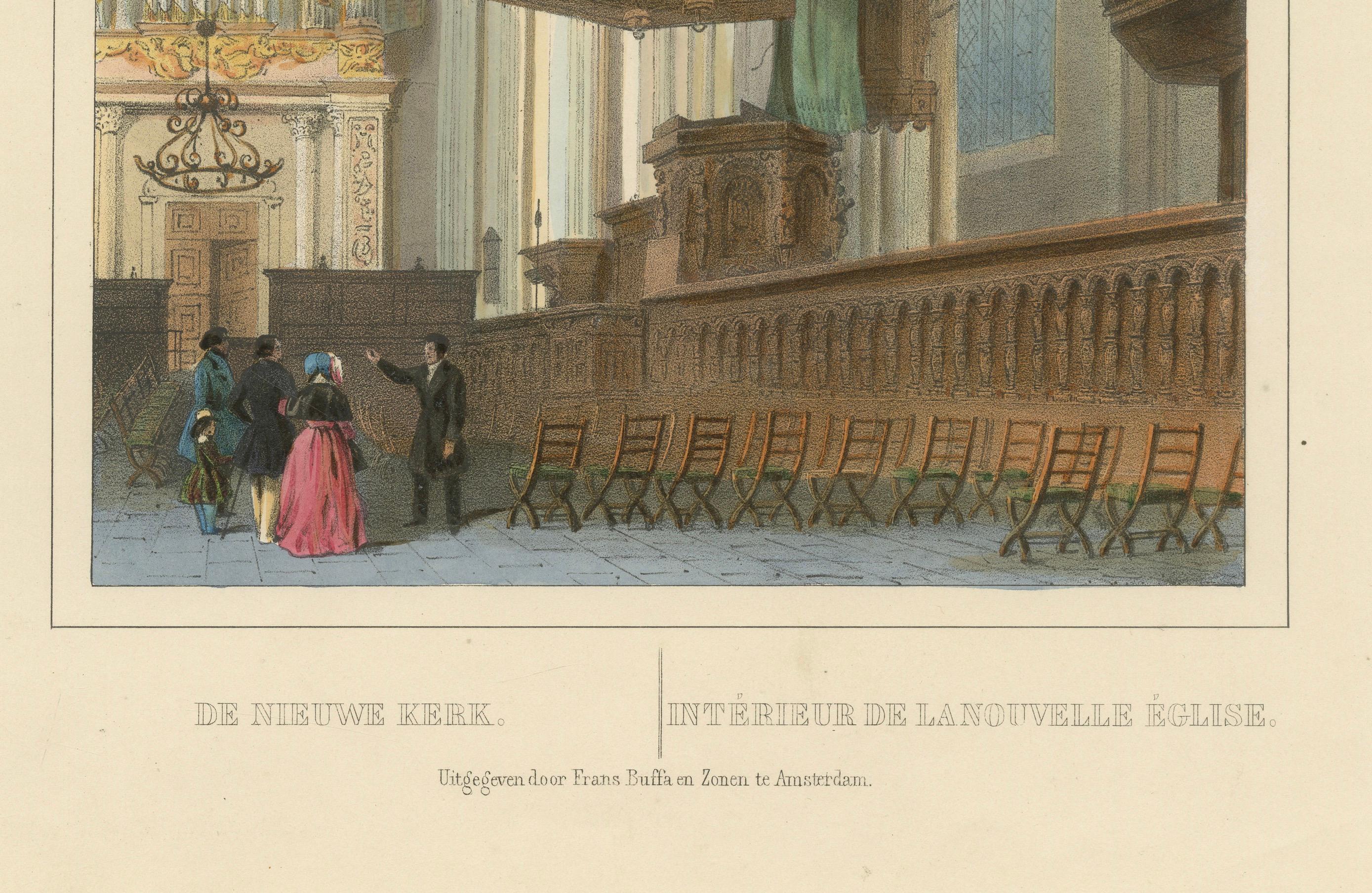 Antike Ansicht der Nieuwe Kerk Interior, Amsterdam, handkolorierte Lithographie, um 1850 im Zustand „Gut“ im Angebot in Langweer, NL