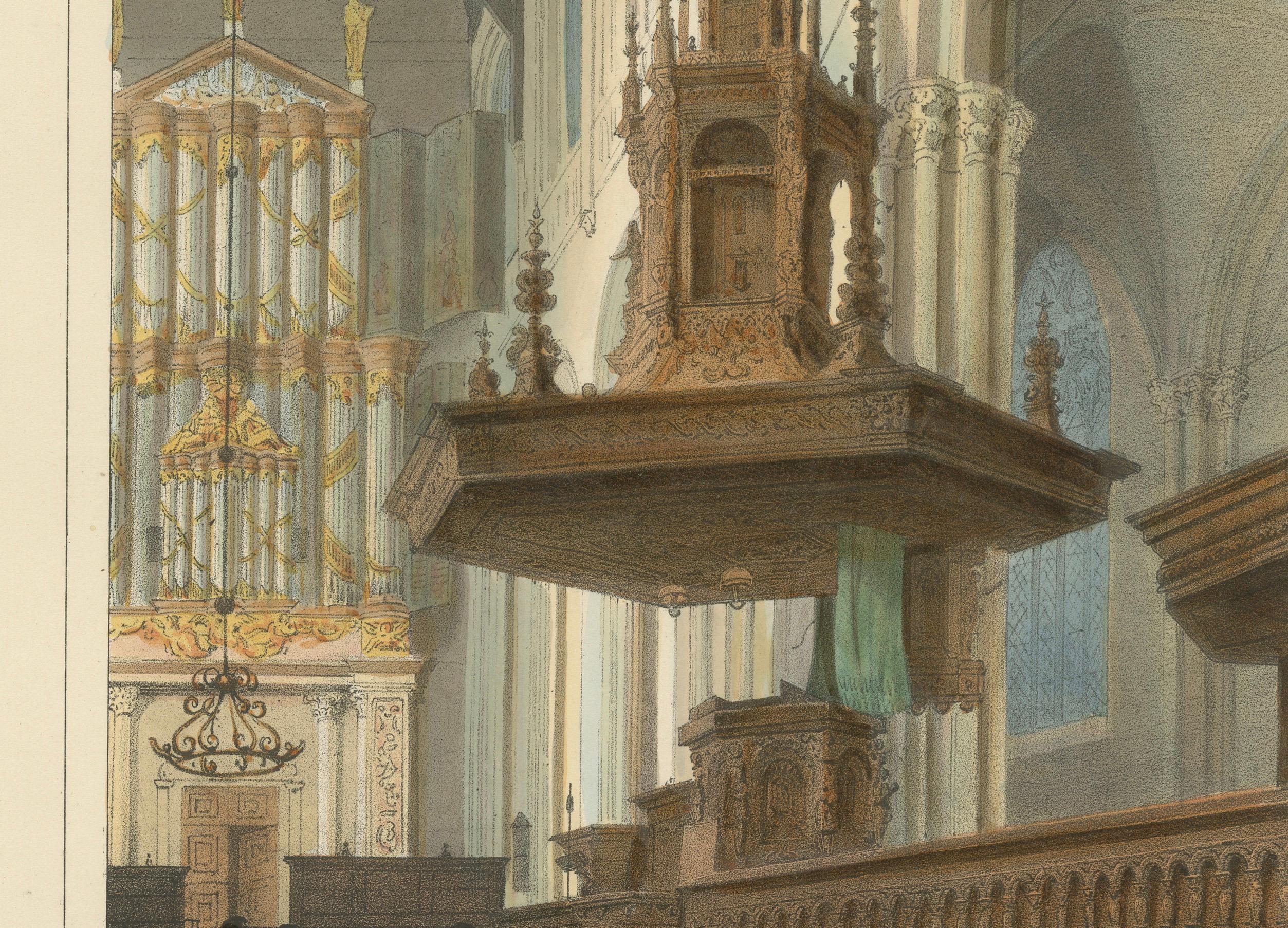 Antike Ansicht der Nieuwe Kerk Interior, Amsterdam, handkolorierte Lithographie, um 1850 (19. Jahrhundert) im Angebot
