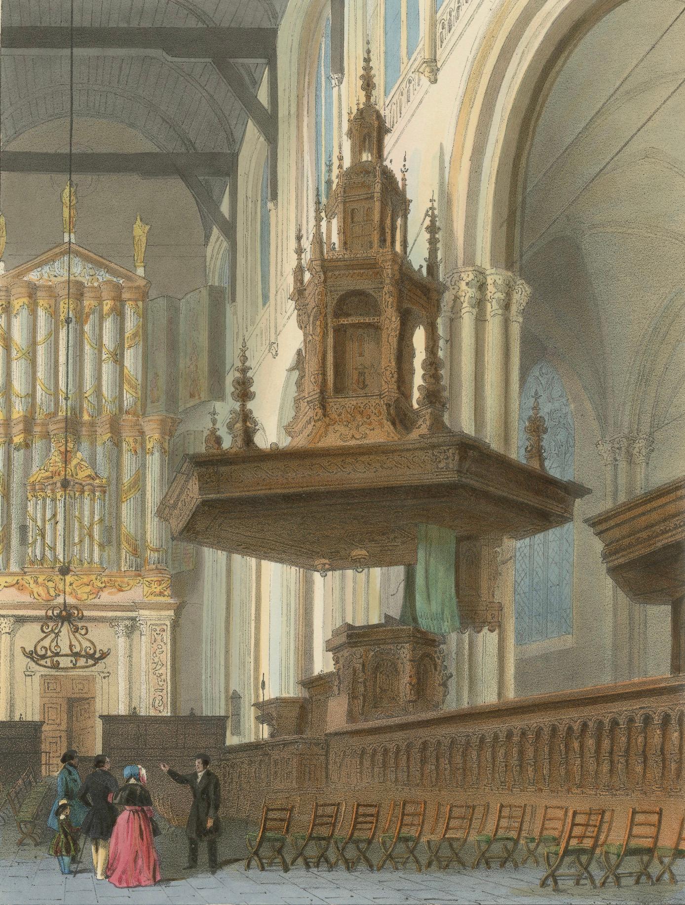 Antike Ansicht der Nieuwe Kerk Interior, Amsterdam, handkolorierte Lithographie, um 1850 im Angebot 1