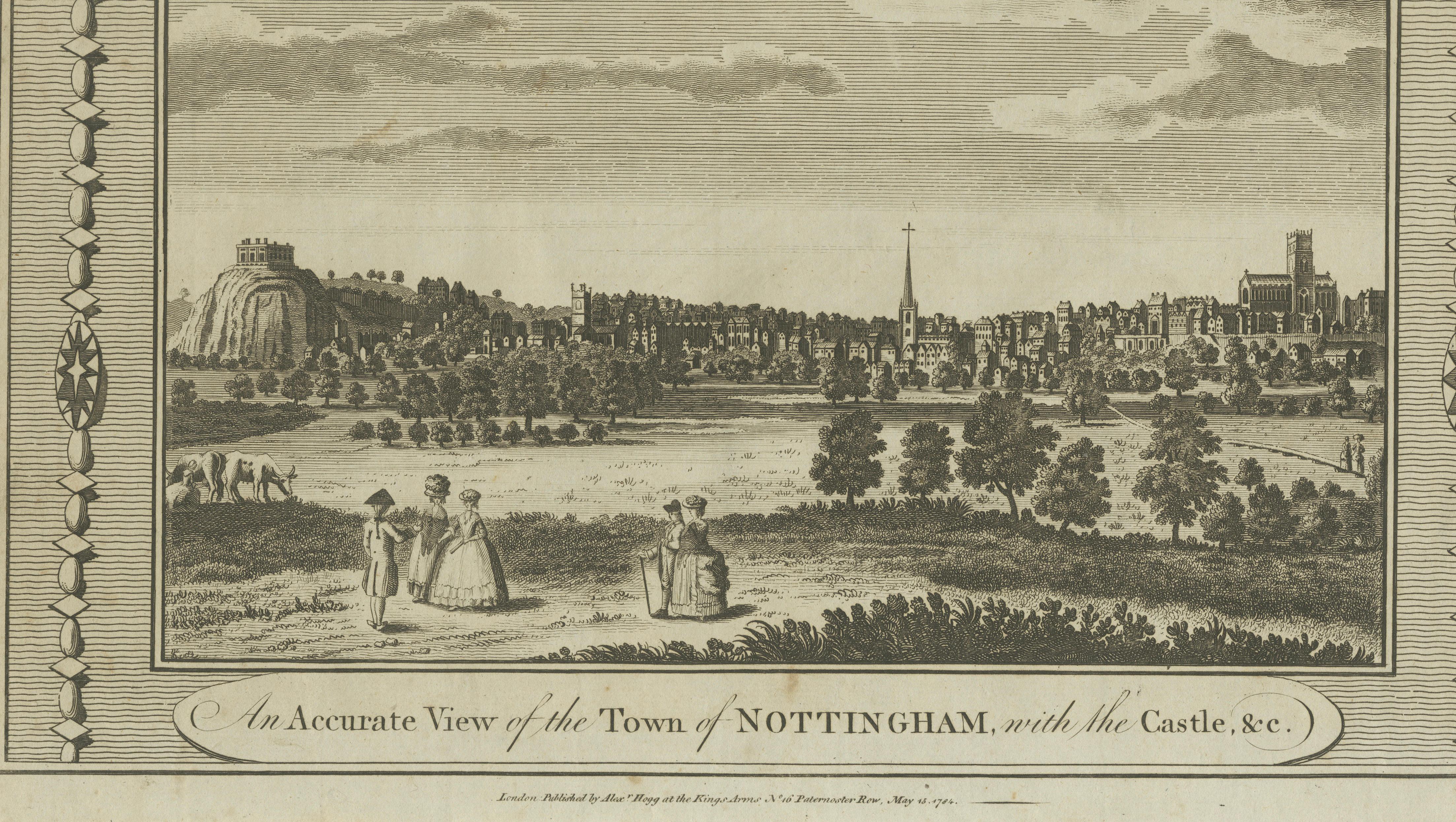 Antique View of Nottingham with Castle – Walpoole British Traveller, 1784