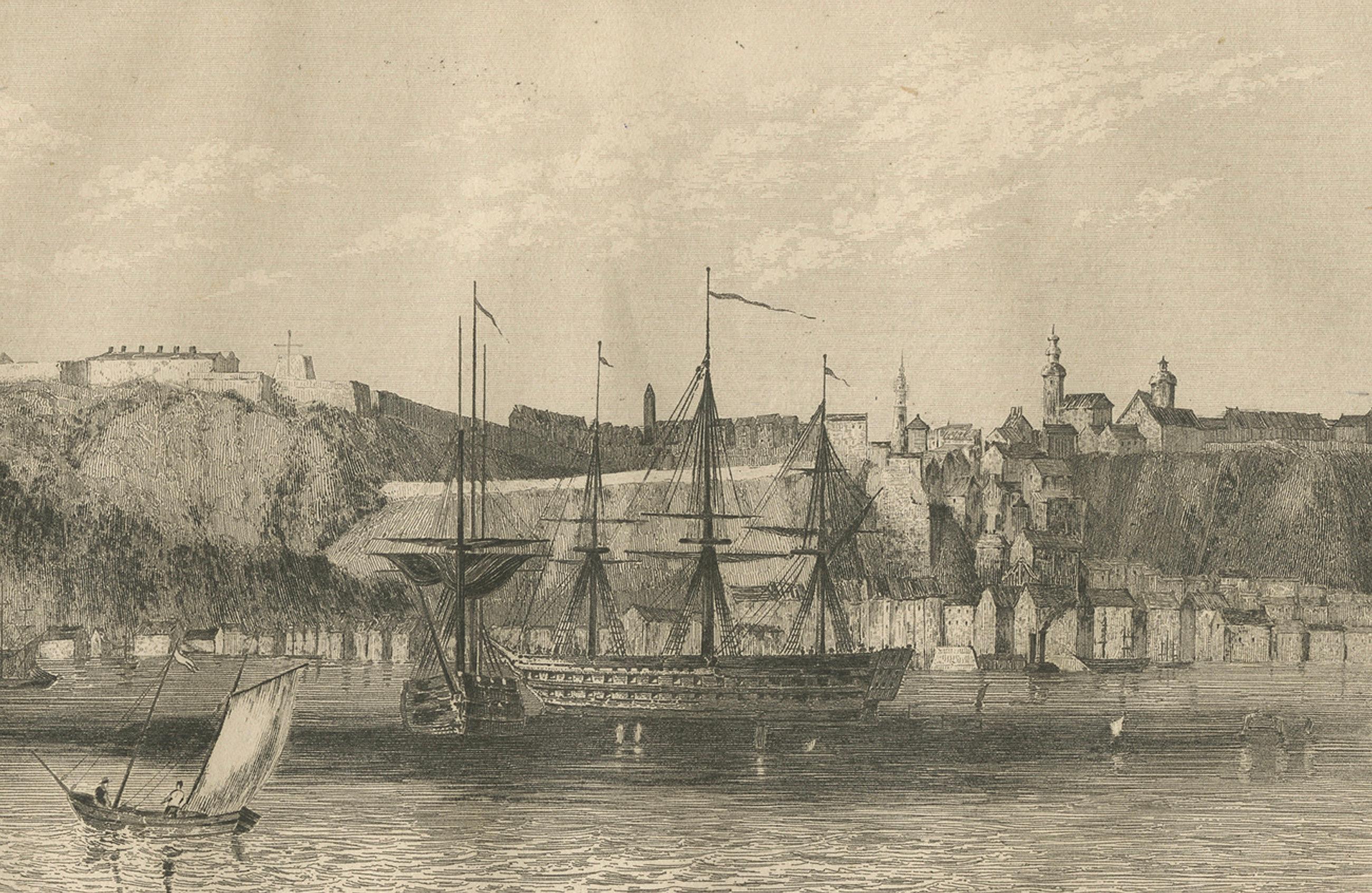 Vista antigua de la ciudad de Quebec desde el agua - Escena portuaria canadiense, c.1850 Francés en venta