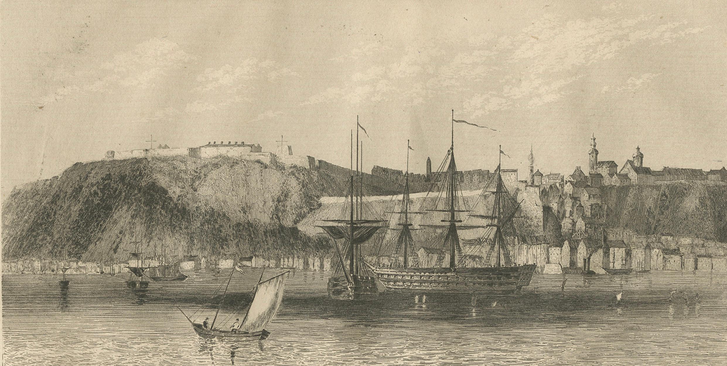 Vista antigua de la ciudad de Quebec desde el agua - Escena portuaria canadiense, c.1850 Grabado en venta