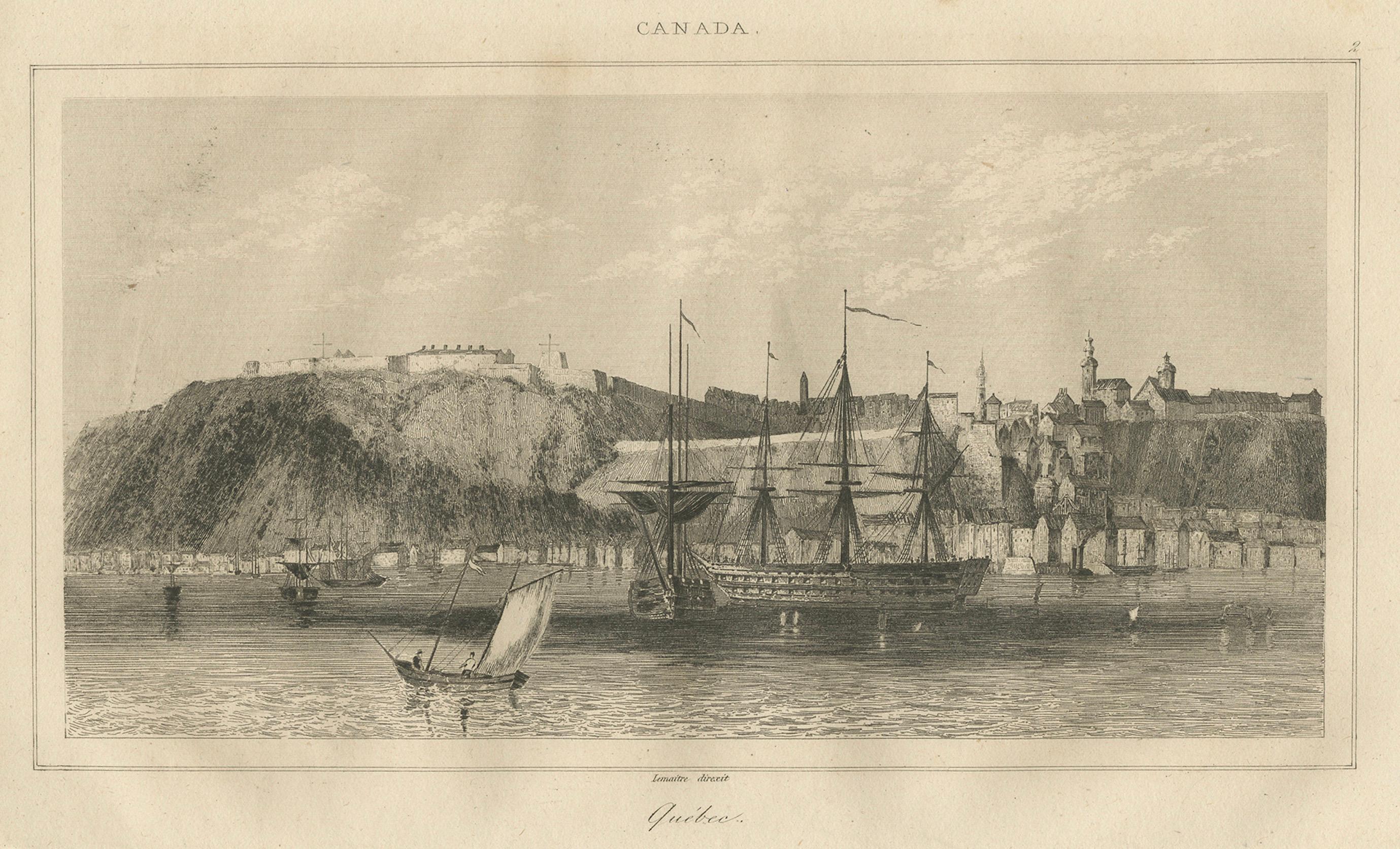 Vista antigua de la ciudad de Quebec desde el agua - Escena portuaria canadiense, c.1850 en Bueno estado para la venta en Langweer, NL