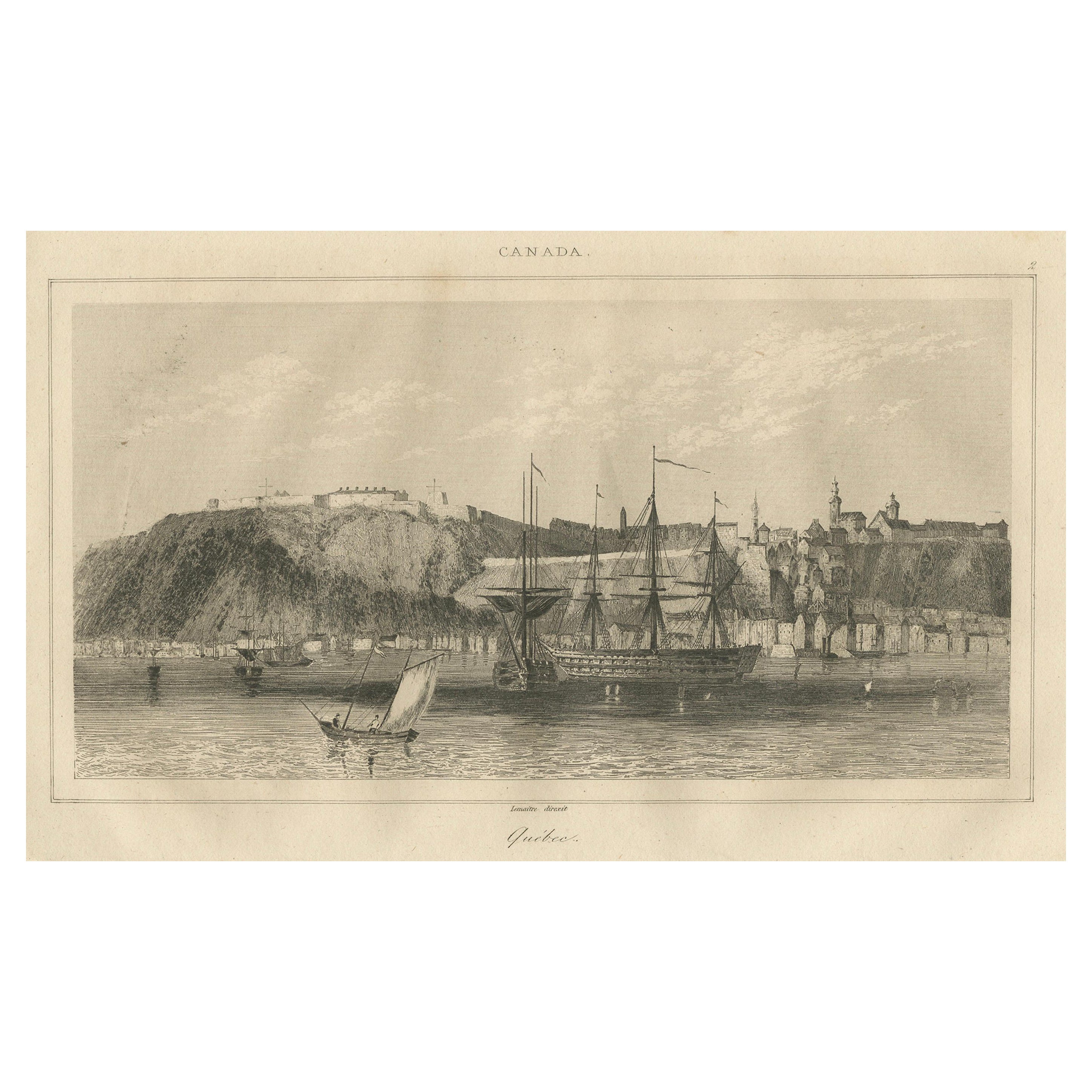 Vista antigua de la ciudad de Quebec desde el agua - Escena portuaria canadiense, c.1850 en venta