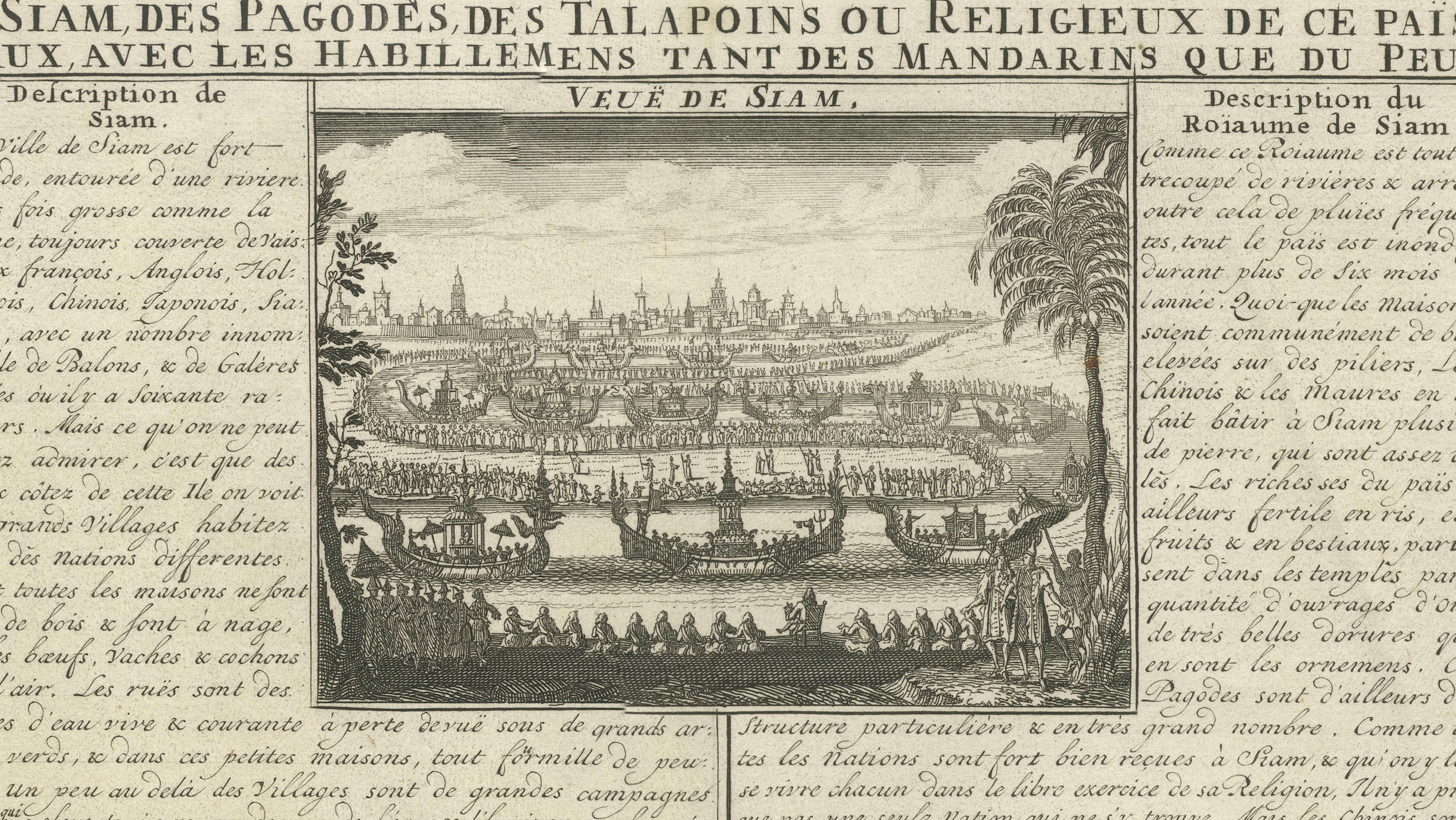 Antique View of Siam — Royal Barges, Elephants & Customs Engraving, ca.1720
