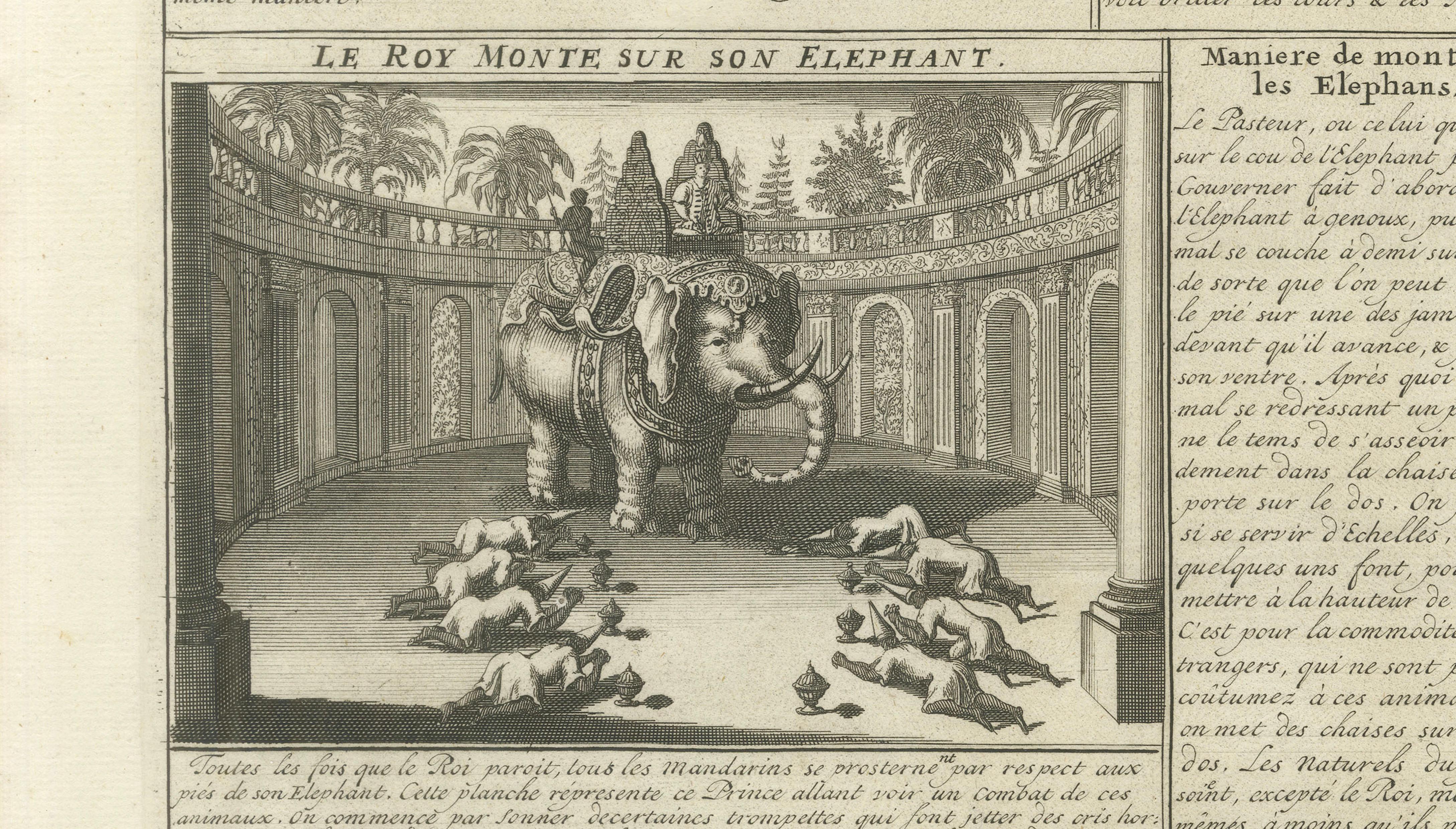 Antique View of Siam — Royal Barges, Elephants & Customs Engraving, ca.1720