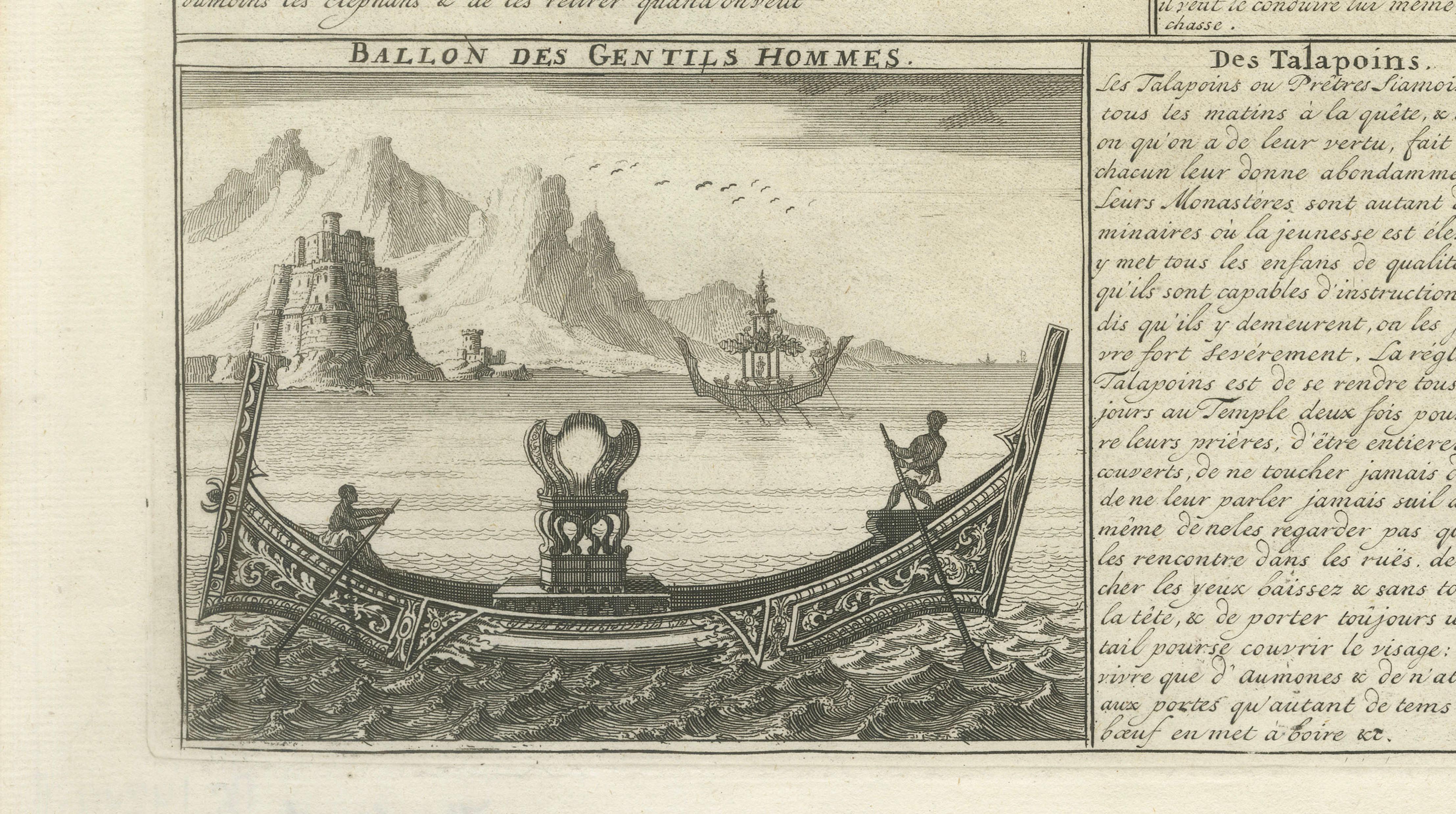 Antique View of Siam — Royal Barges, Elephants & Customs Engraving, ca.1720
