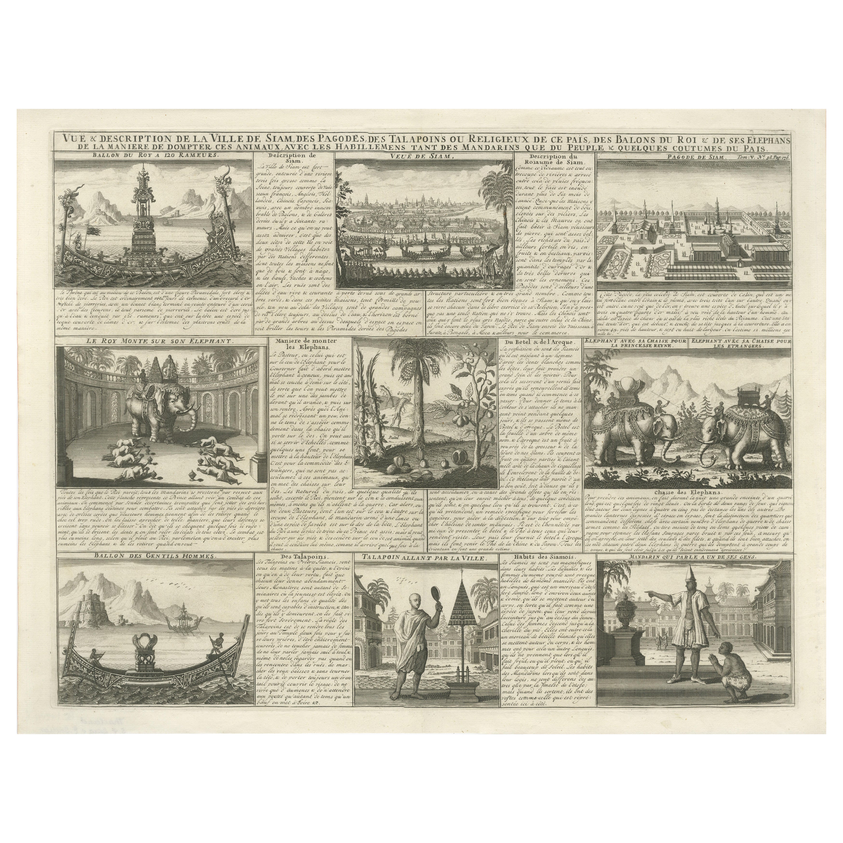 Antique View of Siam — Royal Barges, Elephants & Customs Engraving, ca.1720