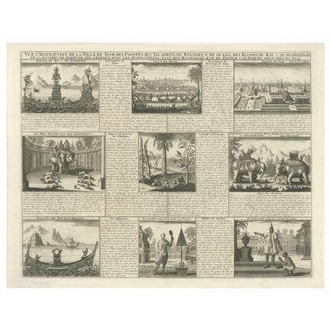 Antique View of Siam — Royal Barges, Elephants & Customs Engraving, ca.1720