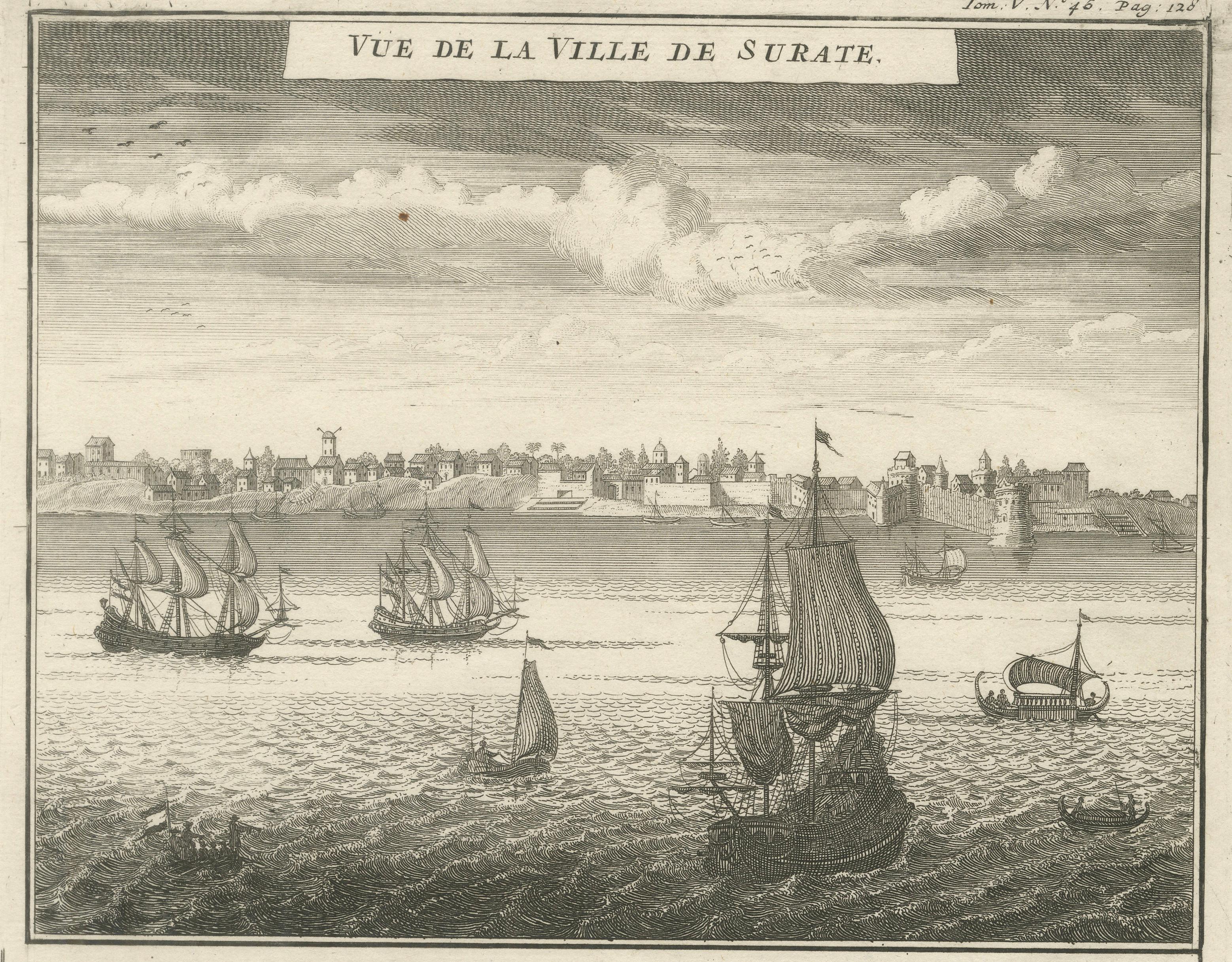 Antique View of Surat & Plan of Batavia — VOC India & Indonesia, Chatelain, 1719