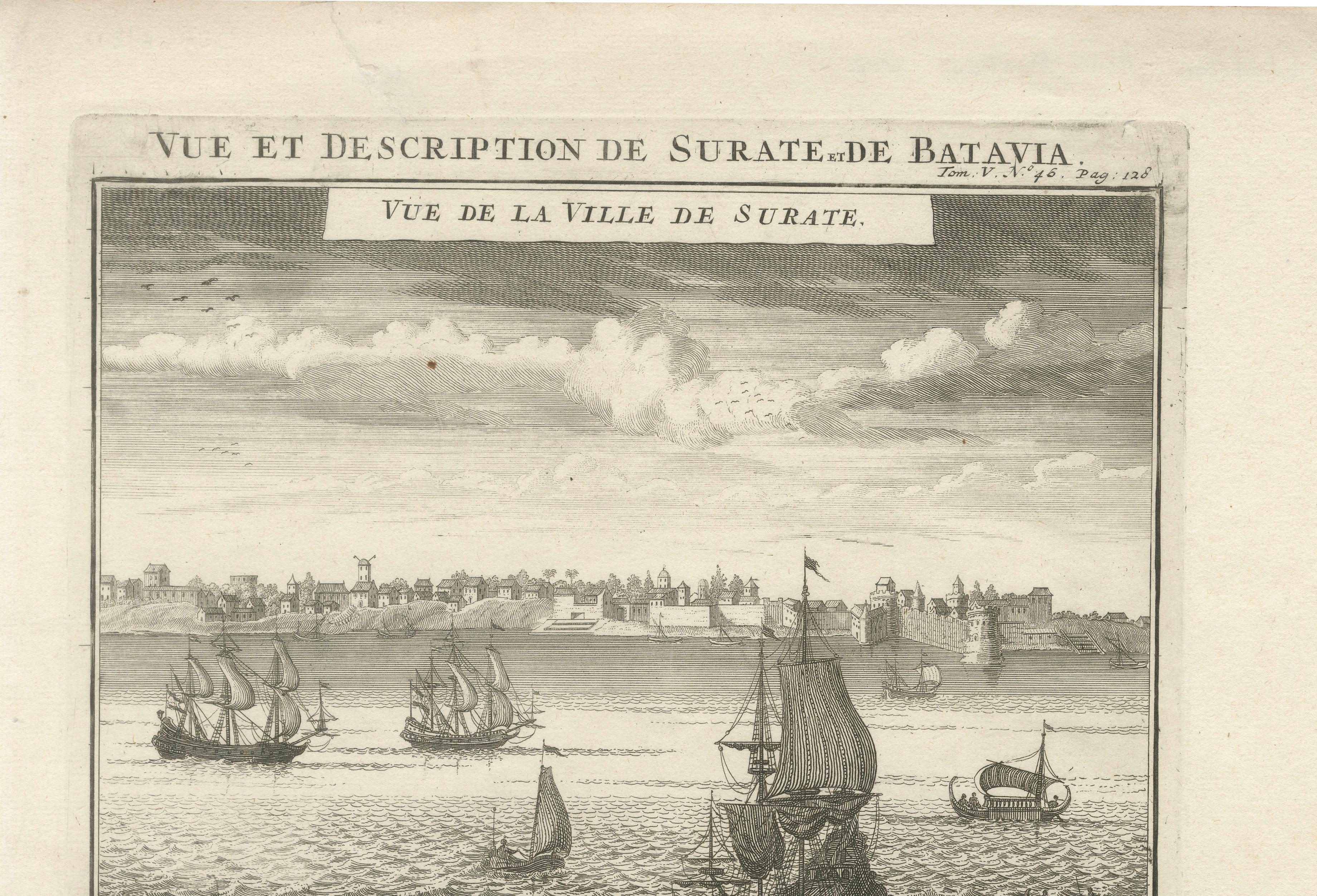 Antique View of Surat & Plan of Batavia — VOC India & Indonesia, Chatelain, 1719