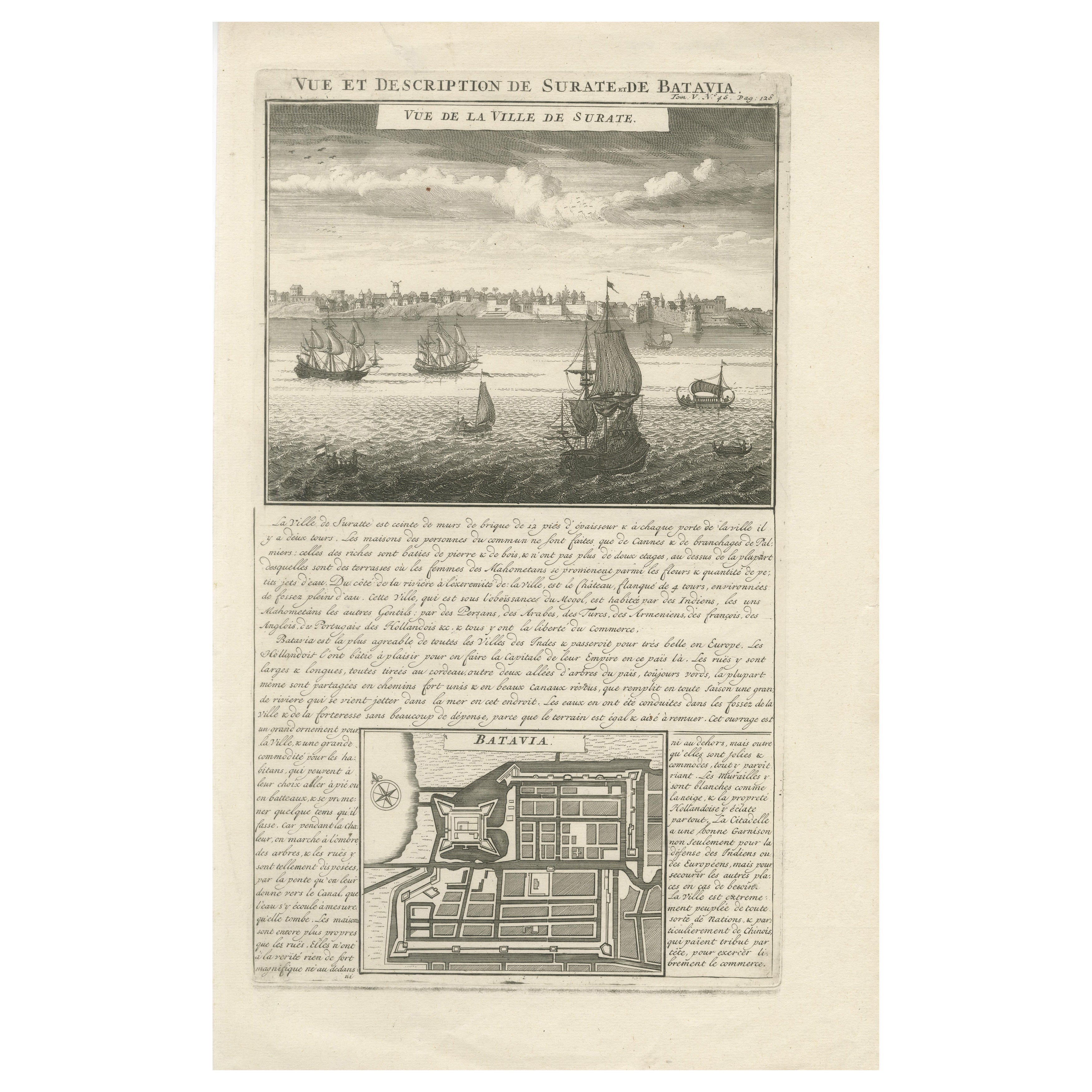 Antike Ansicht von Surat & Plan von Batavia - VOC Indien & Indonesien, Chatelain, 1719