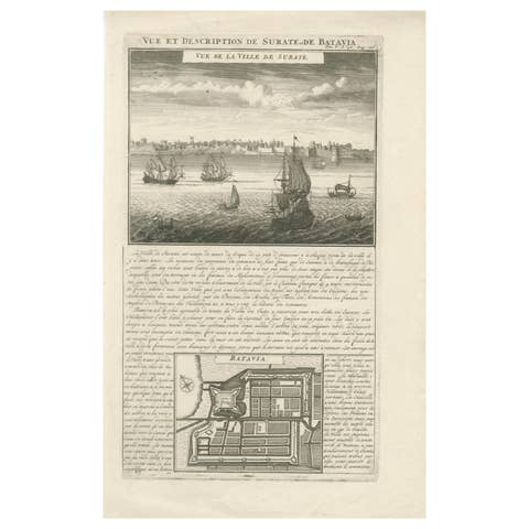 Antique View of Surat & Plan of Batavia — VOC India & Indonesia, Chatelain, 1719