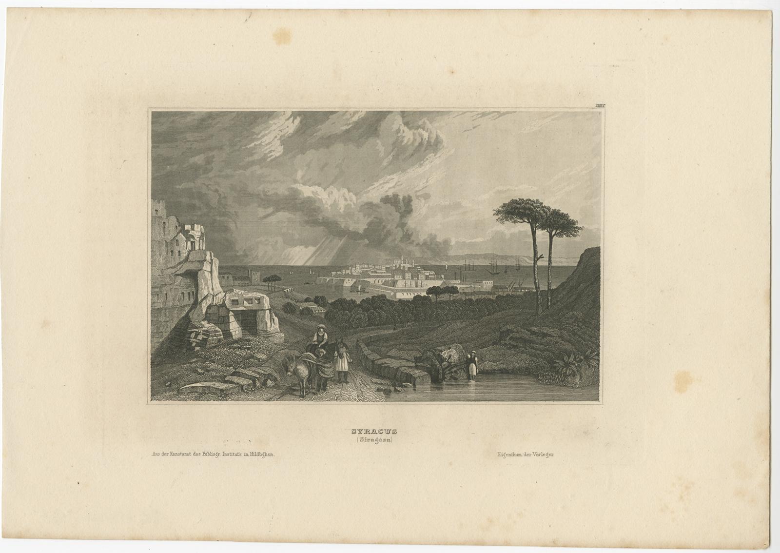 Antique print titled 'Syracus'. View of Syracuse, Sicily, Italy. Originates from 'Meyers Universum'. 

Artists and Engravers: Joseph Meyer (May 9, 1796 - June 27, 1856) was a German industrialist and publisher, most noted for his encyclopedia,