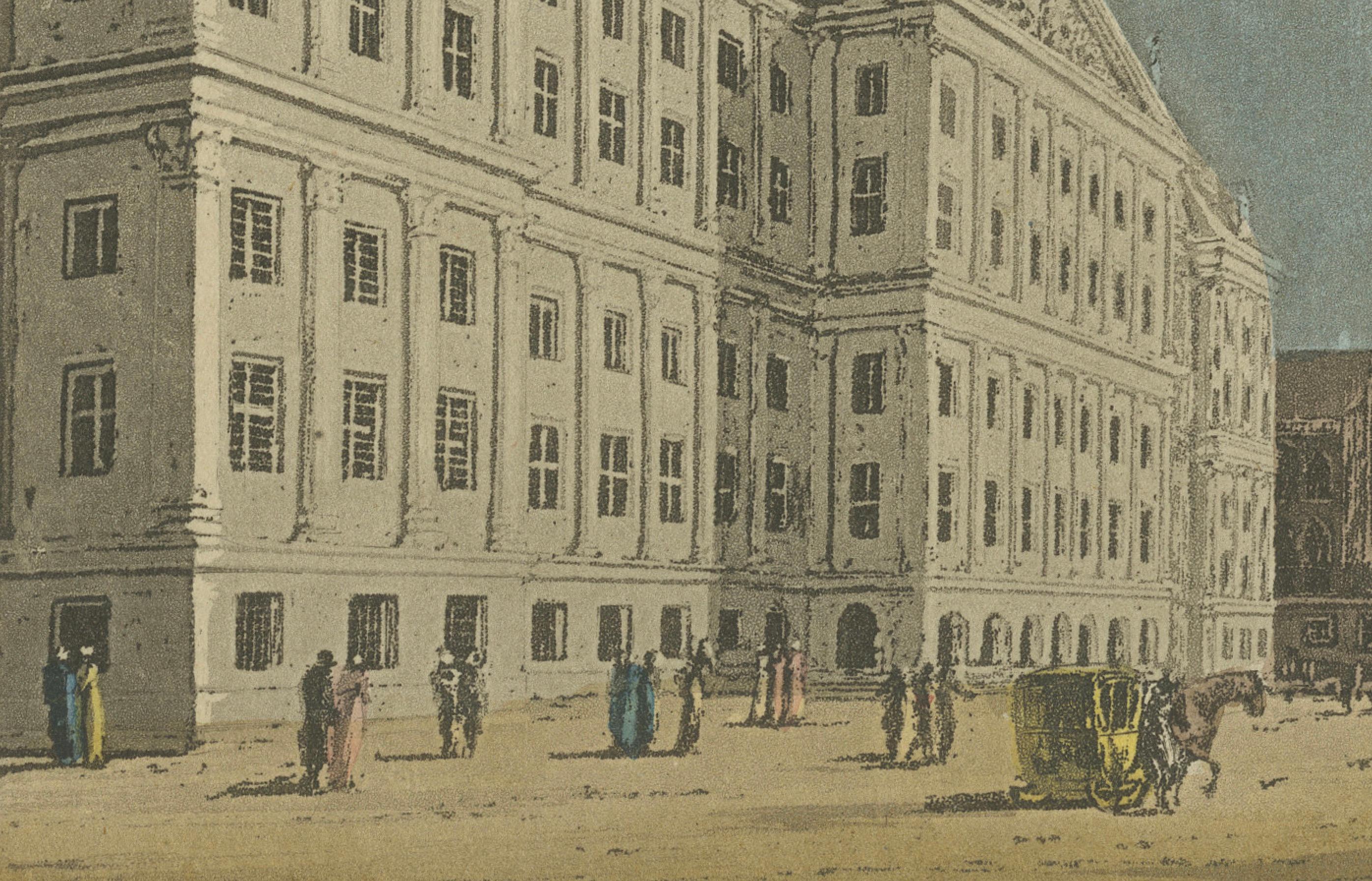 Antike Ansicht des Amsterdamer Rathauses, handkolorierte Gravur um 1818

Dieser beeindruckende handkolorierte Stich aus dem frühen 19. Jahrhundert mit dem Titel *The Stadthouse, Amsterdam* zeigt eine wunderschön komponierte Ansicht des königlichen