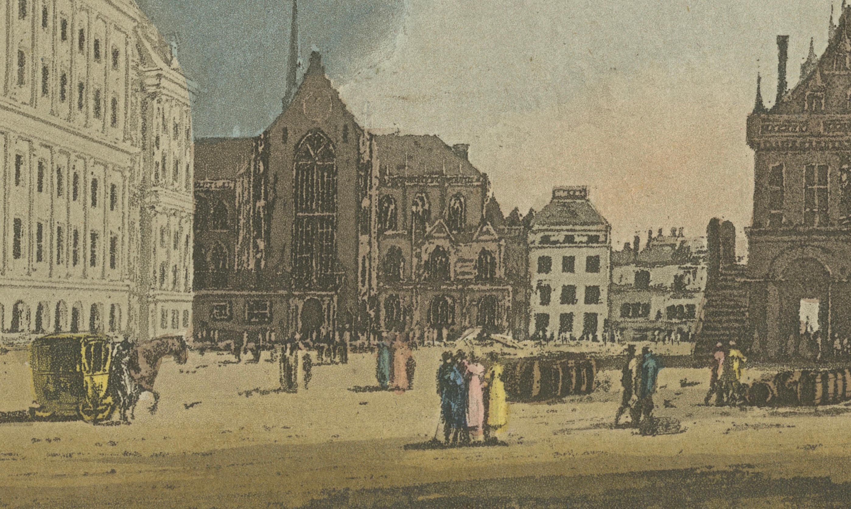 Antike Ansicht des Amsterdamer Rathauses, handkolorierte Gravur um 1818 im Zustand „Gut“ im Angebot in Langweer, NL