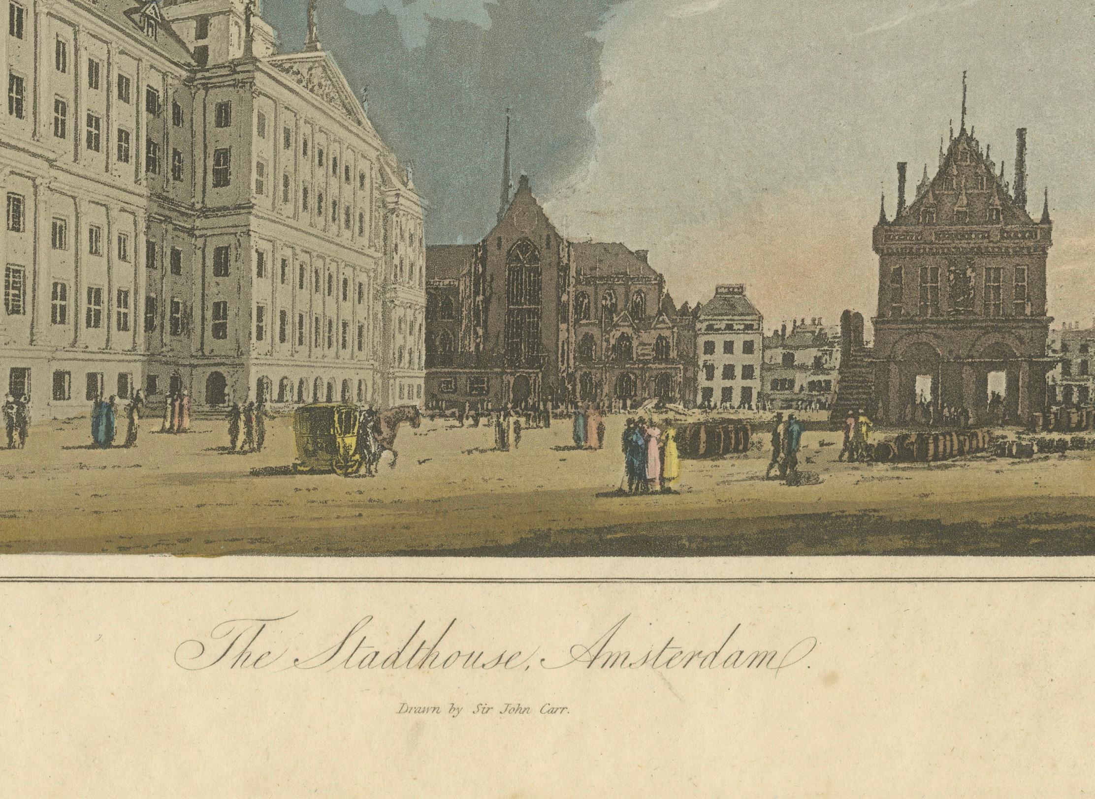 Antike Ansicht des Amsterdamer Rathauses, handkolorierte Gravur um 1818 (19. Jahrhundert) im Angebot