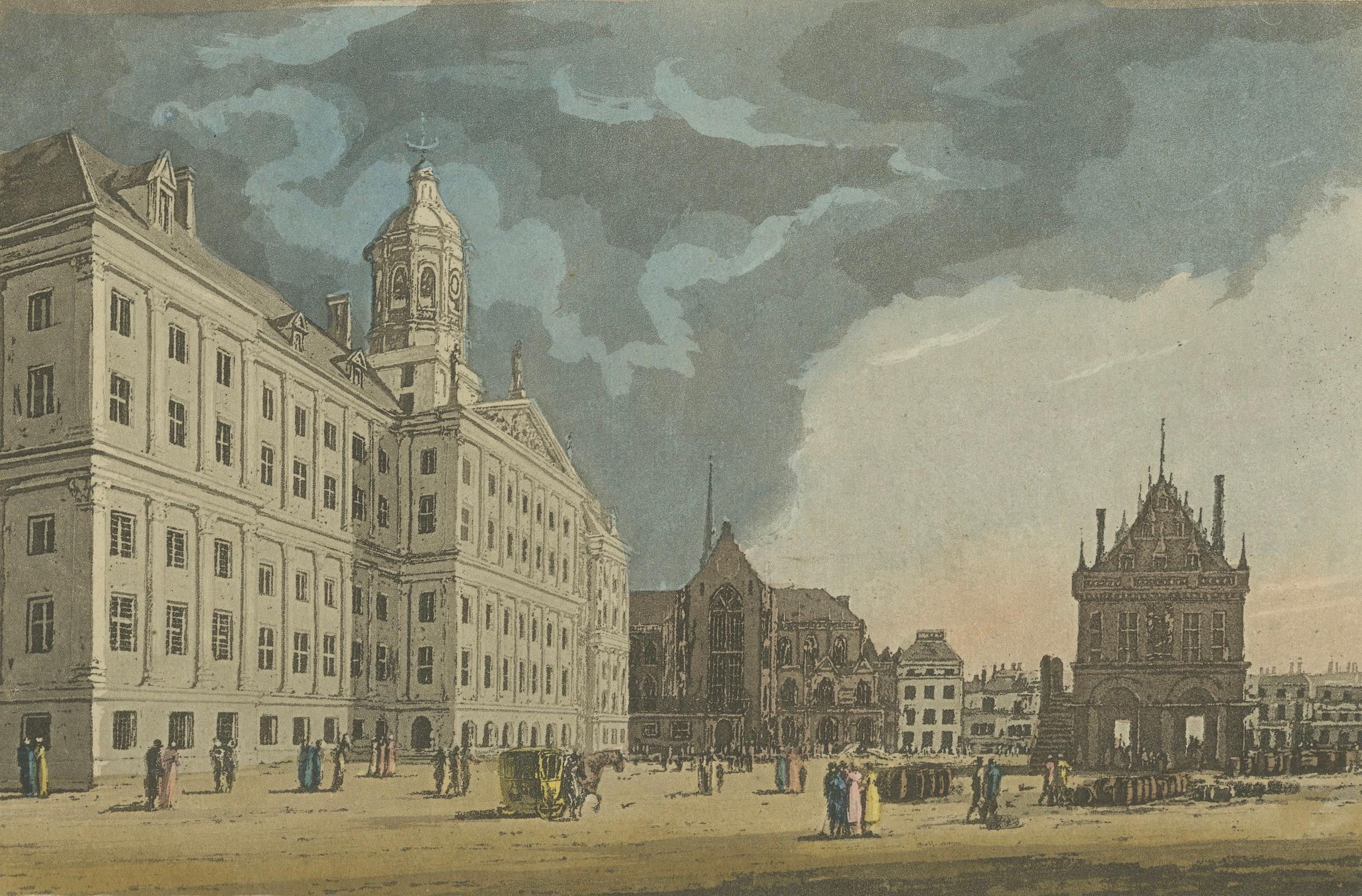 Antike Ansicht des Amsterdamer Rathauses, handkolorierte Gravur um 1818 (Papier) im Angebot